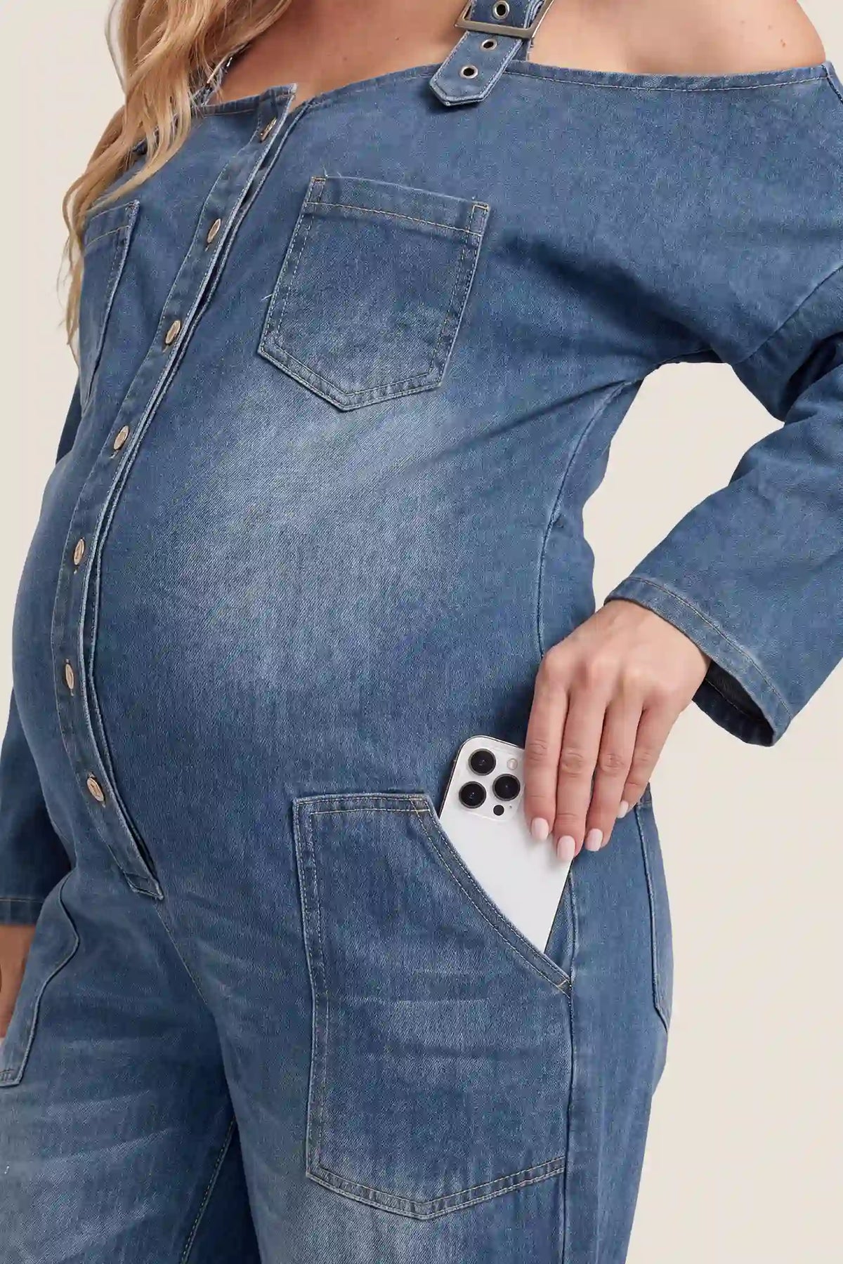 Maternity Off-The-Shoulder Denim Jumpsuit