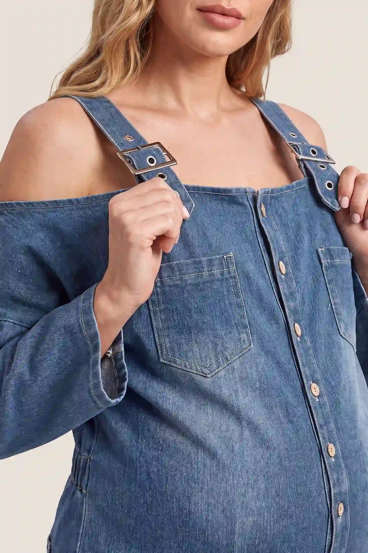 Maternity Off-The-Shoulder Denim Jumpsuit