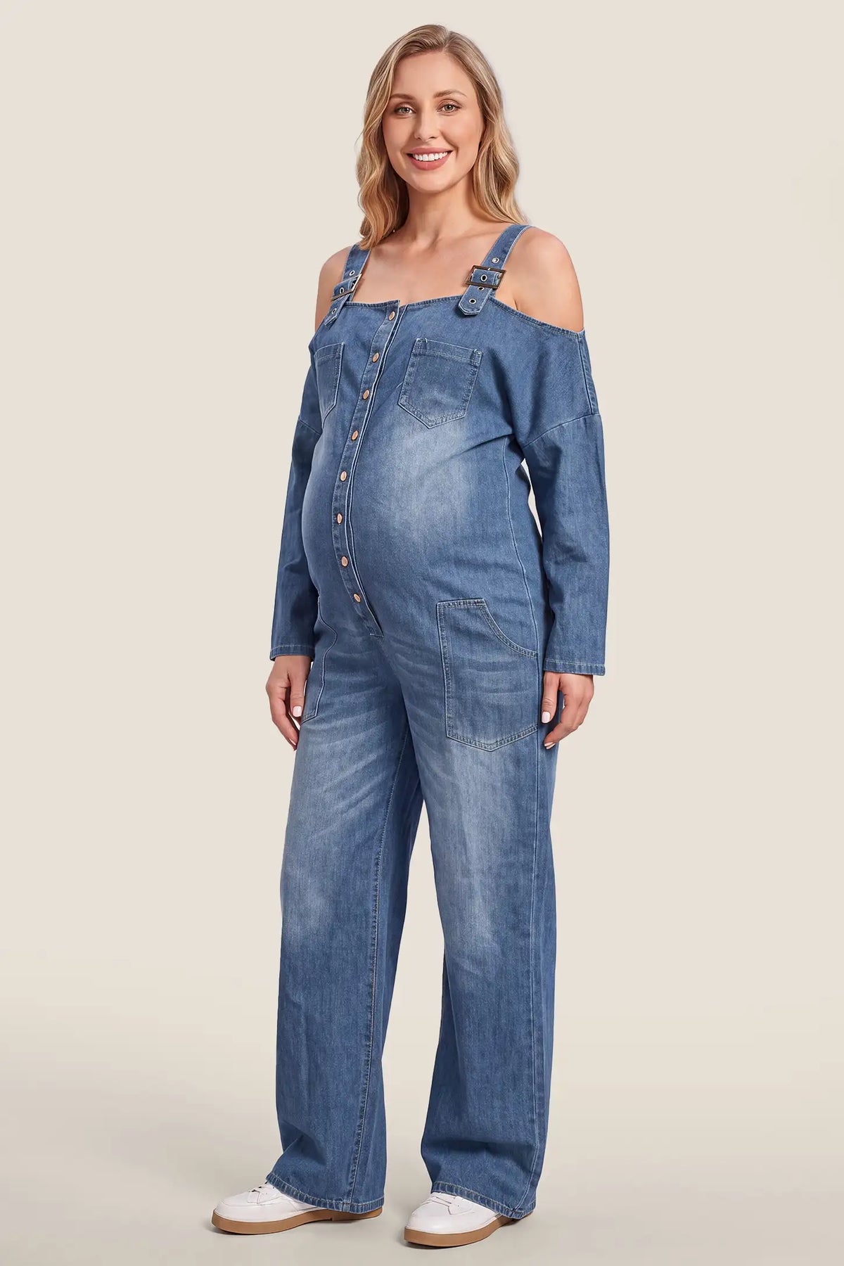 Maternity Off-The-Shoulder Denim Jumpsuit