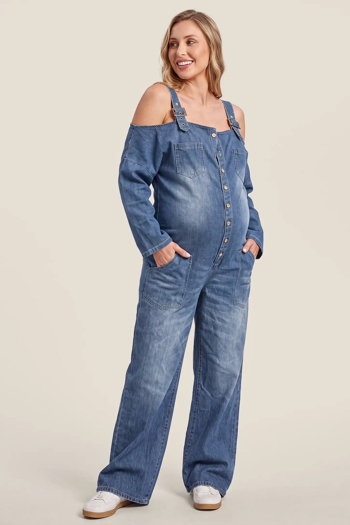 Maternity Off-The-Shoulder Denim Jumpsuit
