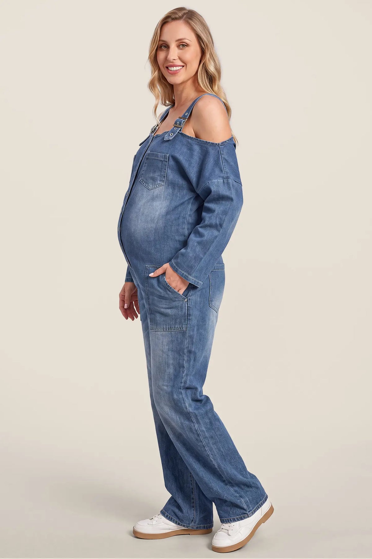 Maternity Off-The-Shoulder Denim Jumpsuit