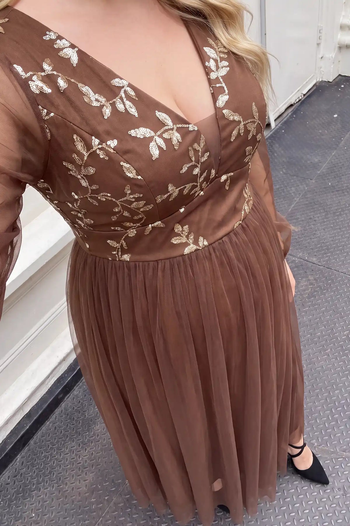 Sequin Embroidered Deep V Neck Maternity Maxi Dress