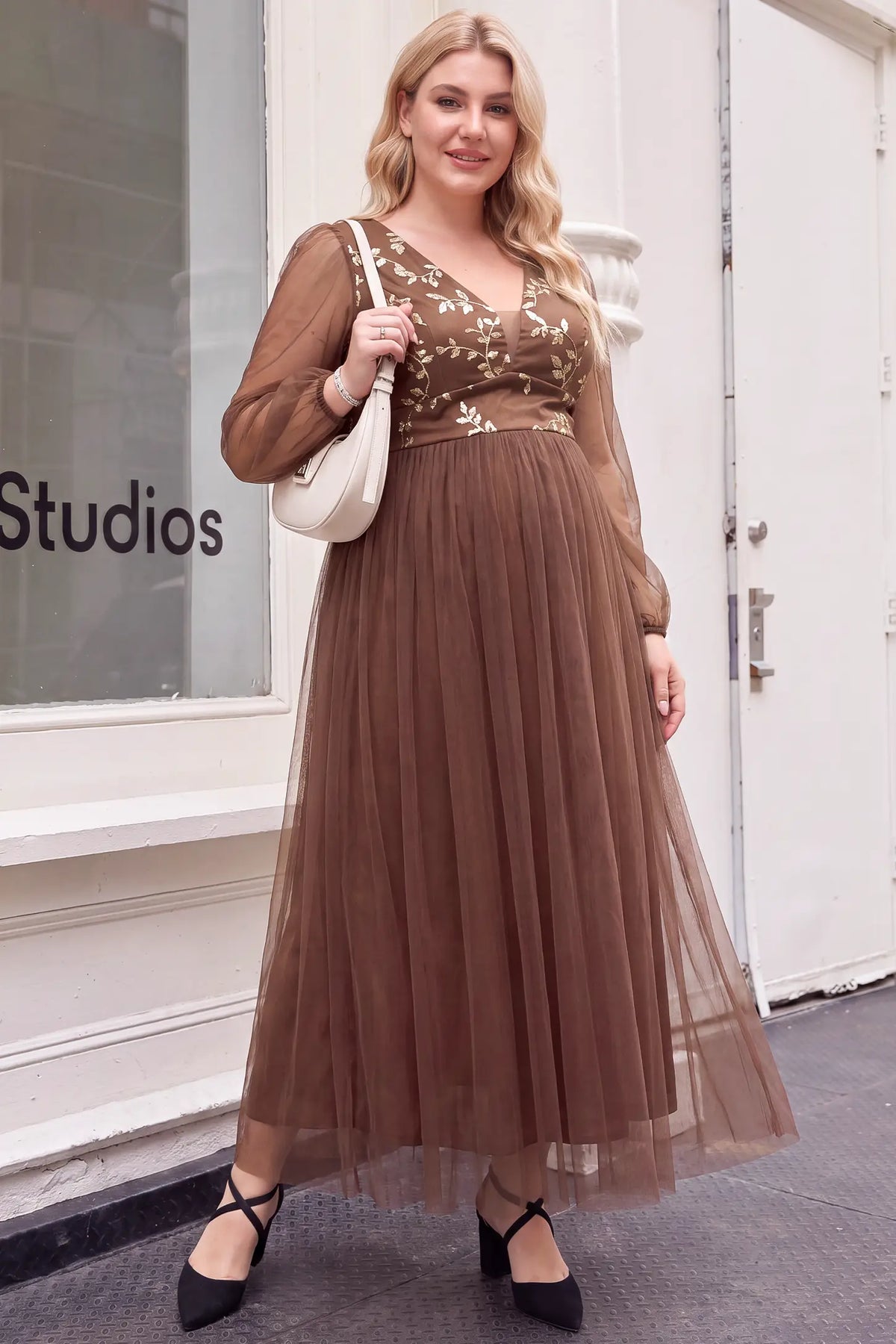 Sequin Embroidered Deep V Neck Maternity Maxi Dress