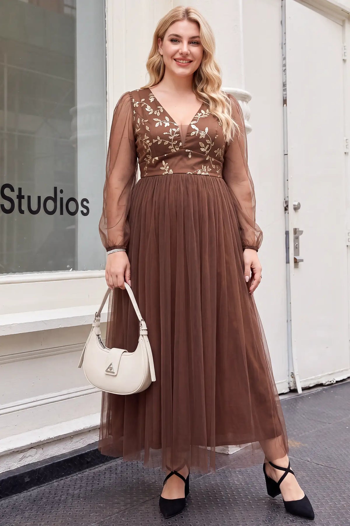 Sequin Embroidered Deep V Neck Maternity Maxi Dress
