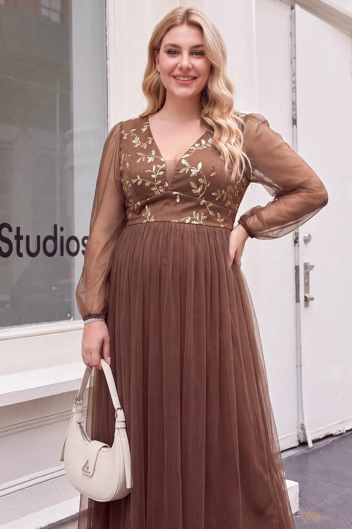Sequin Embroidered Deep V Neck Maternity Maxi Dress