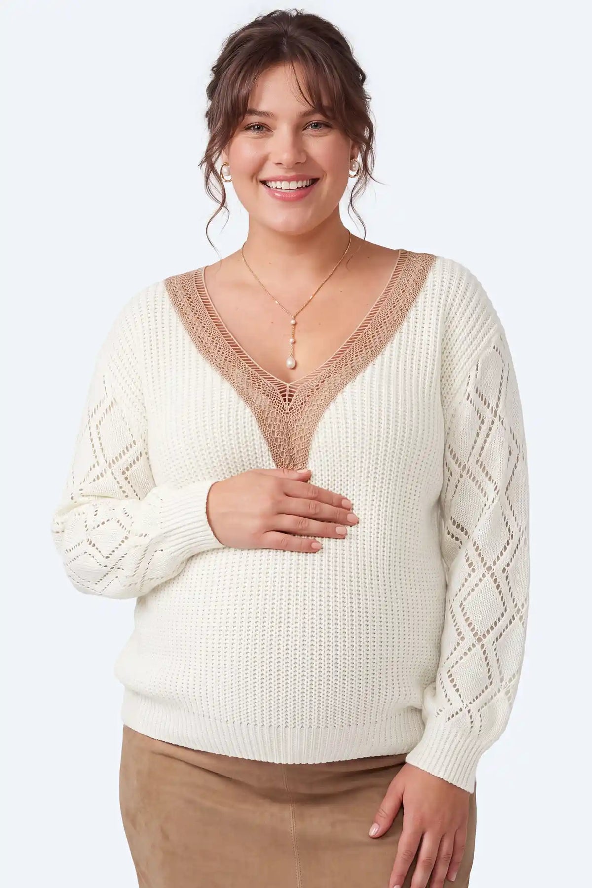 Contrast Lace-Trimmed Maternity Pullover Sweater