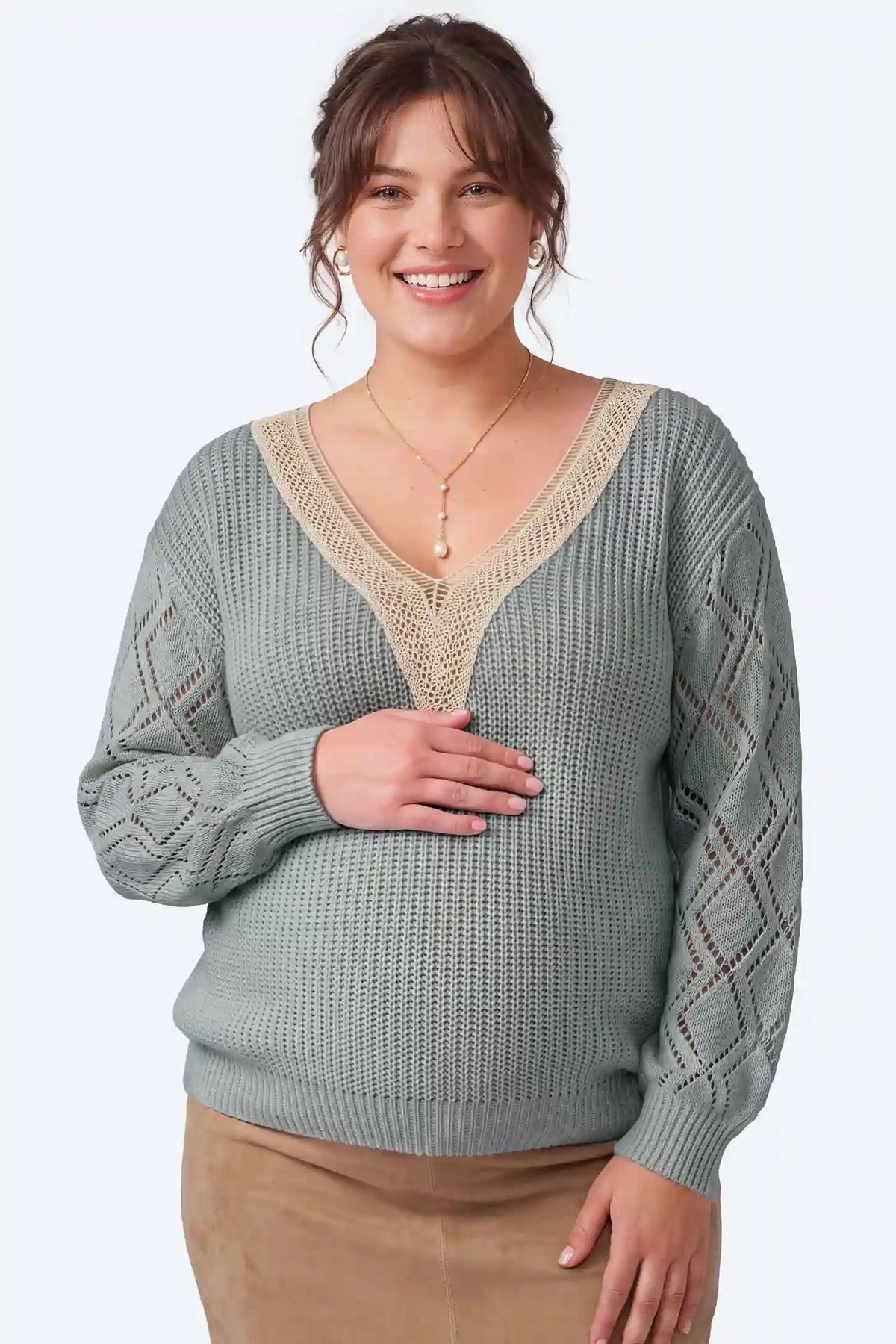 Contrast Lace-Trimmed Maternity Pullover Sweater