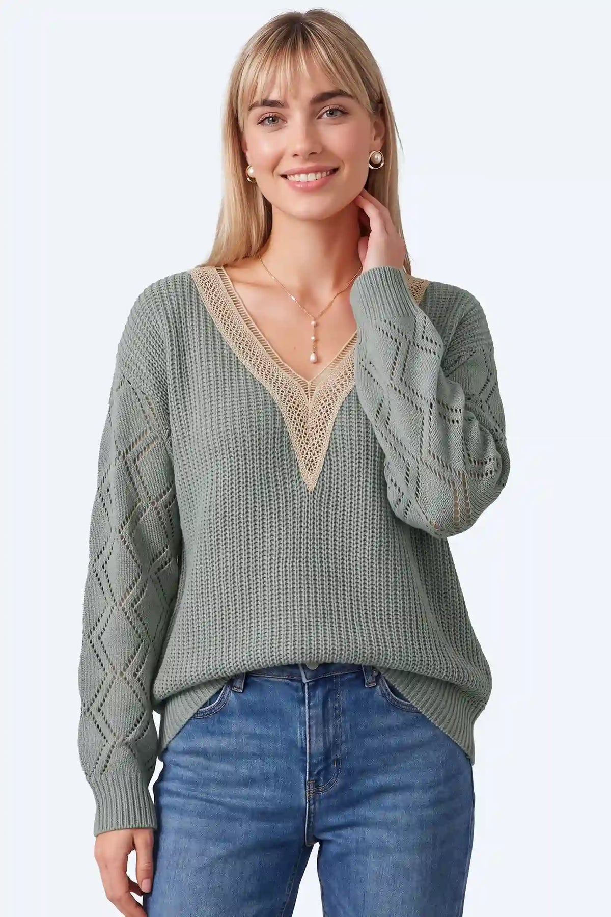 Contrast Lace-Trimmed Maternity Pullover Sweater