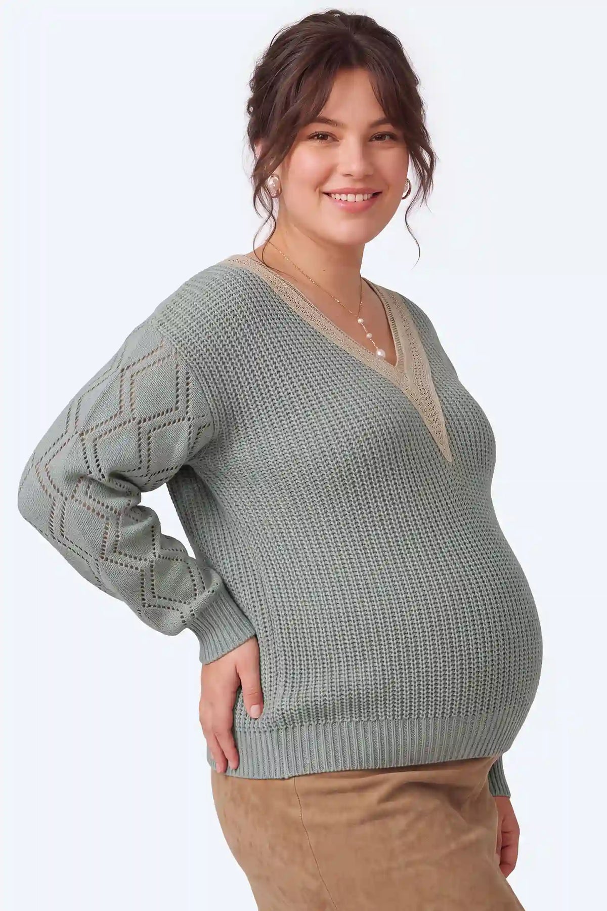 Contrast Lace-Trimmed Maternity Pullover Sweater