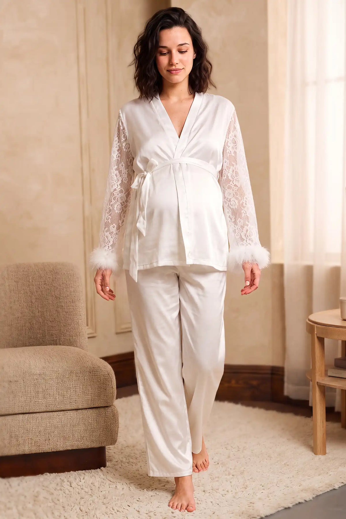 Feather-Trim Satin Maternity Pajama Set