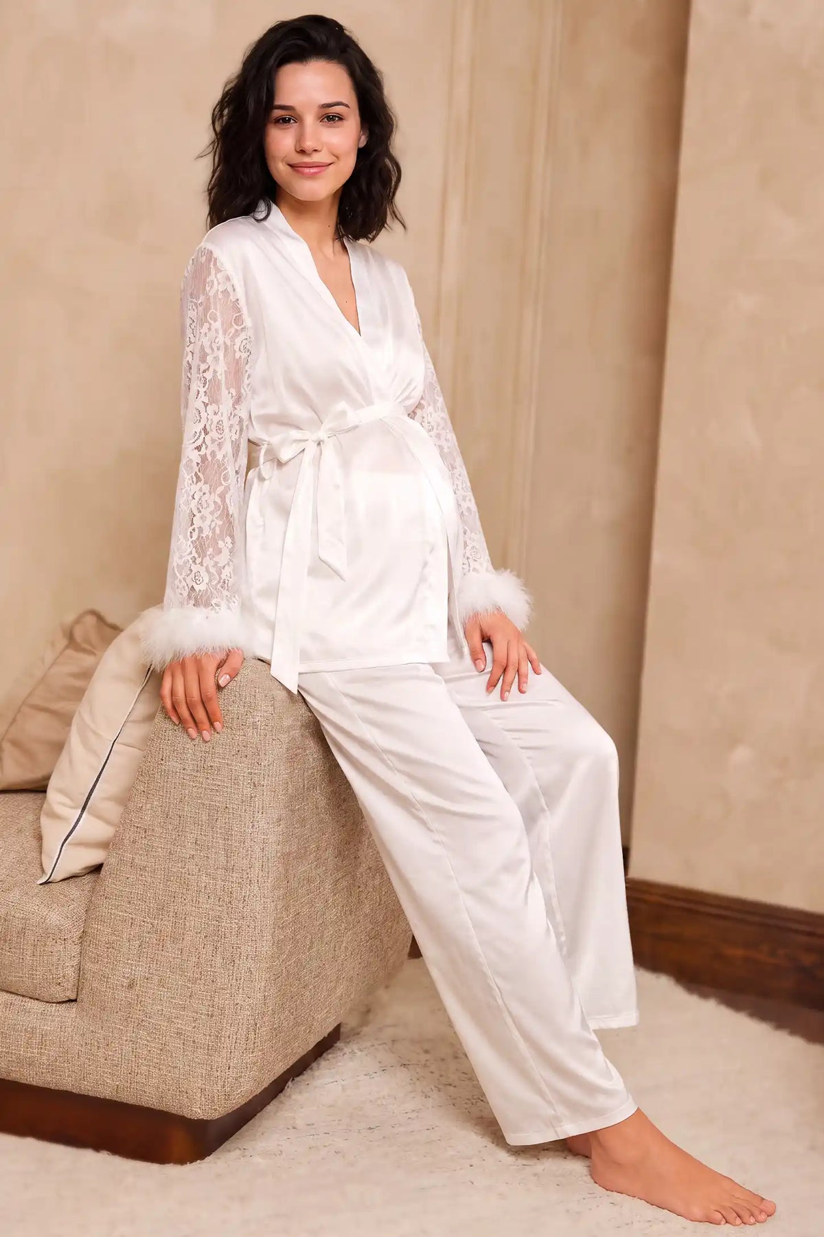 Feather-Trim Satin Maternity Pajama Set