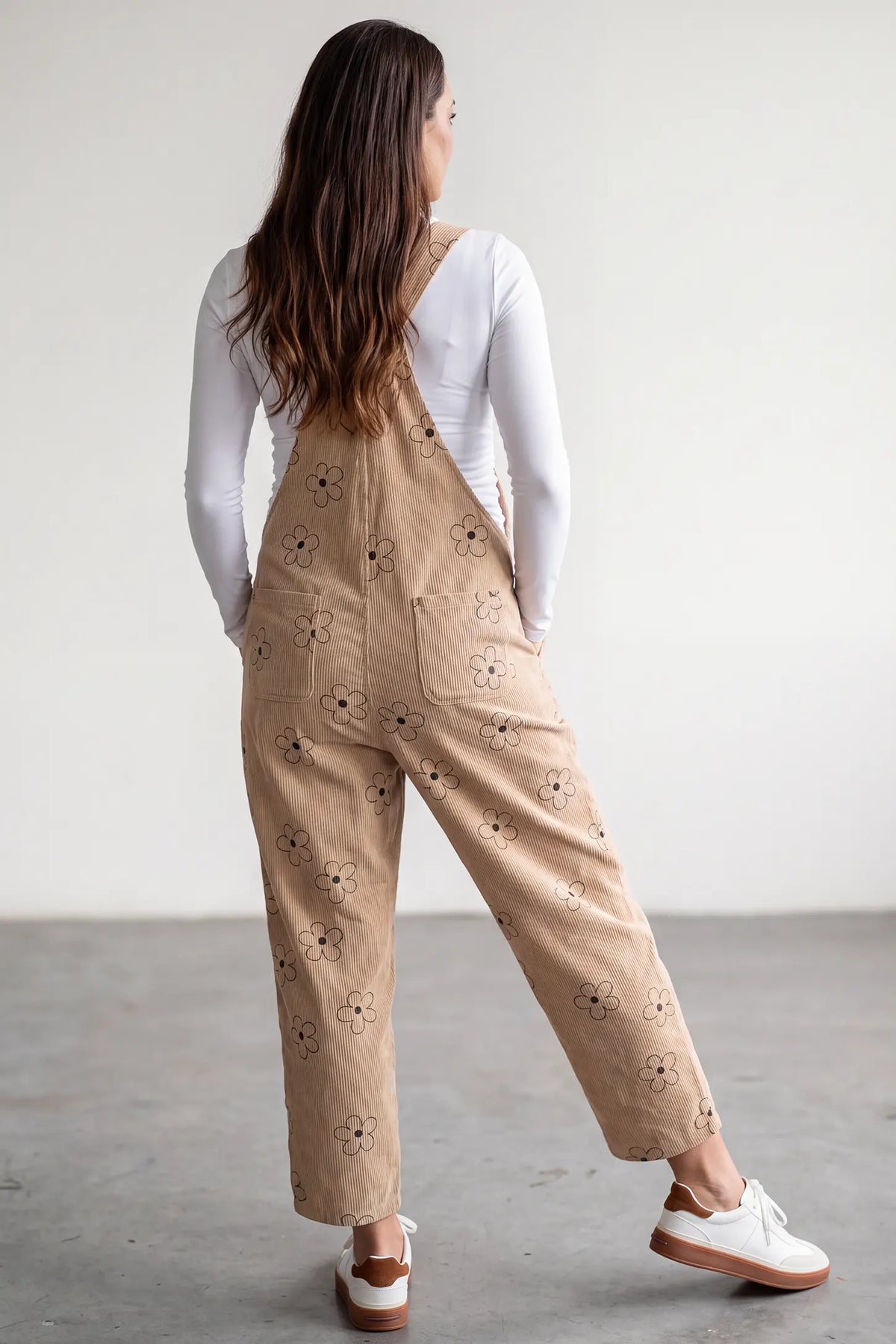 Floral Corduroy Maternity Overalls with Adjustable Straps and Pockets
