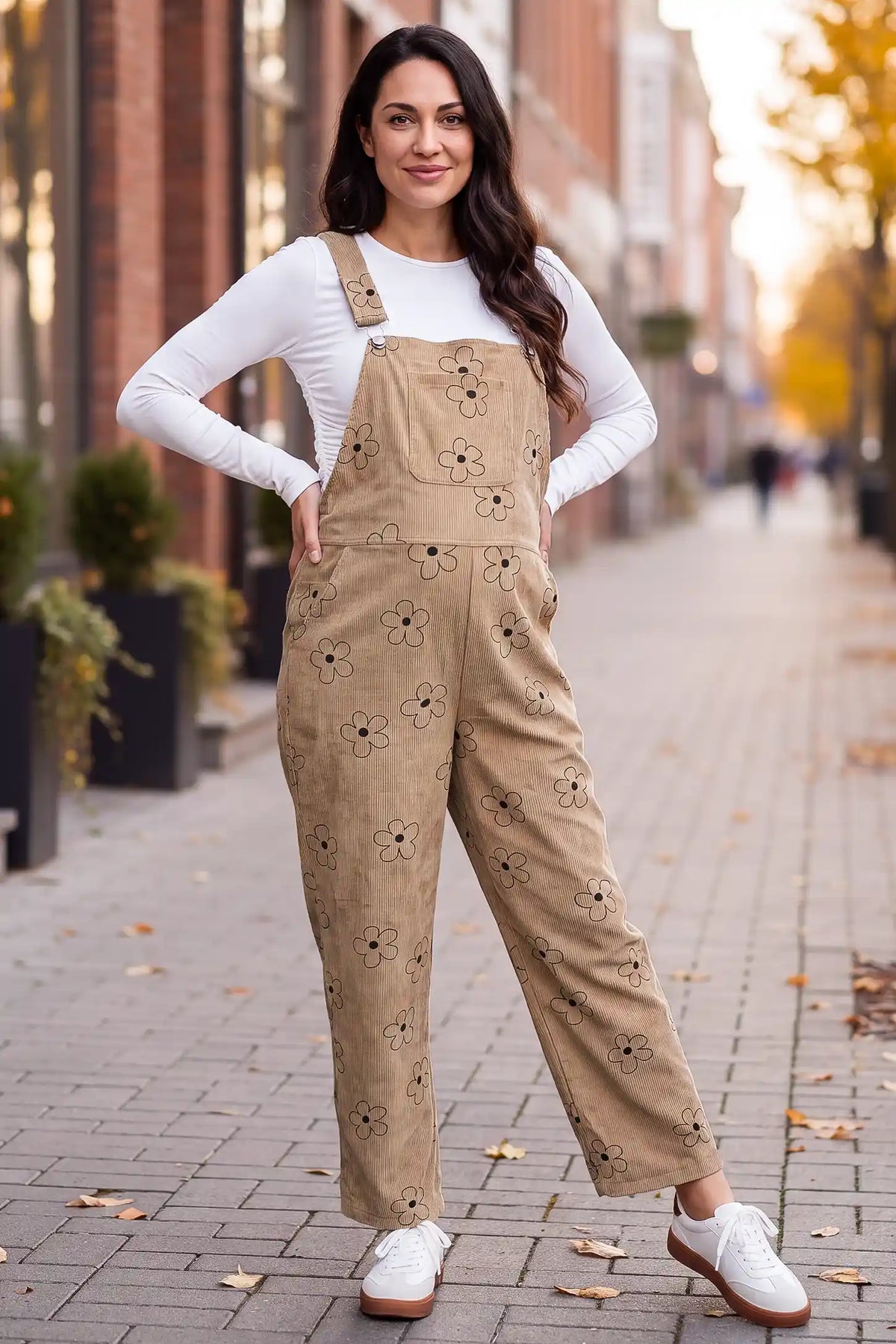 Floral Corduroy Maternity Overalls with Adjustable Straps and Pockets