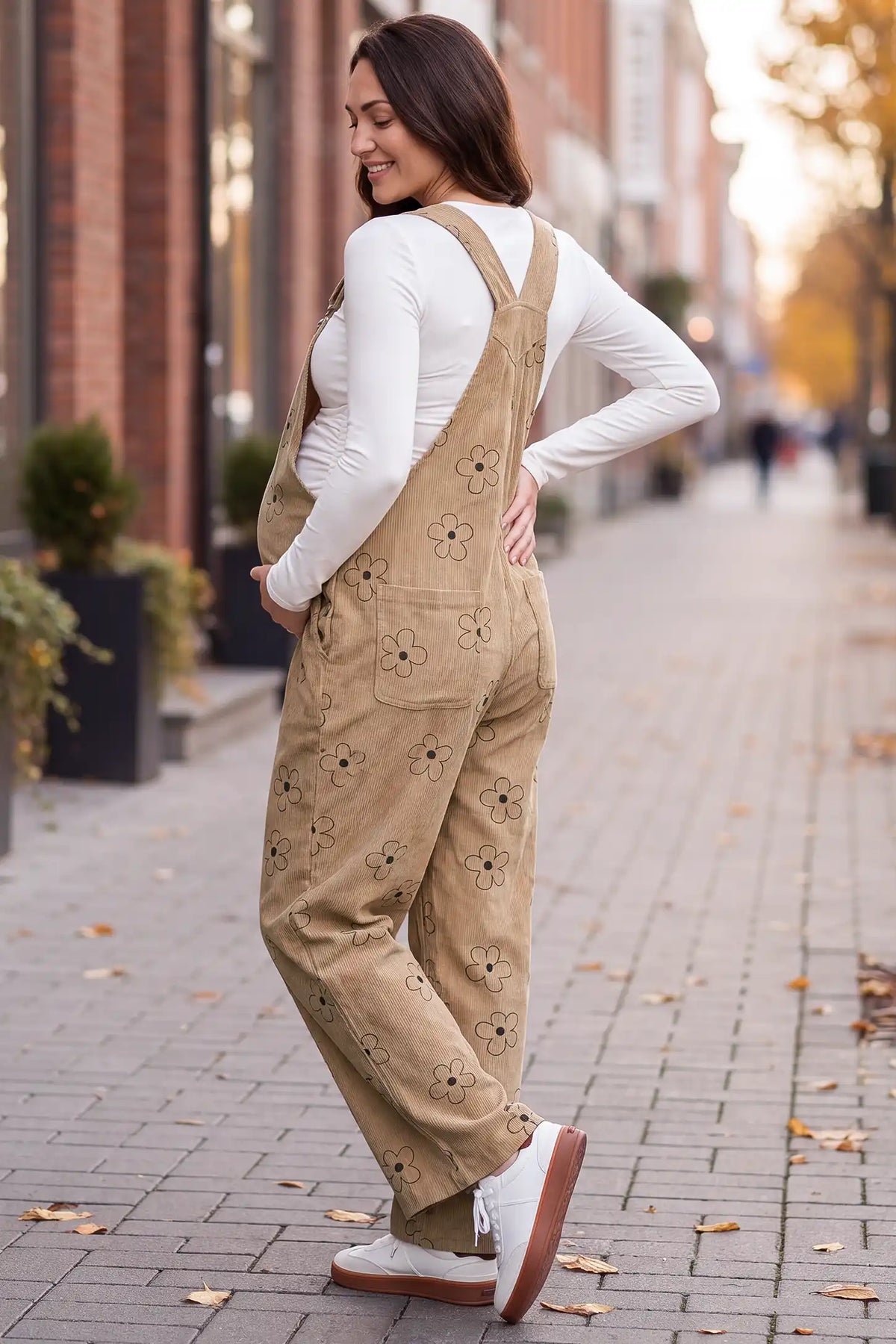 Floral Corduroy Maternity Overalls with Adjustable Straps and Pockets