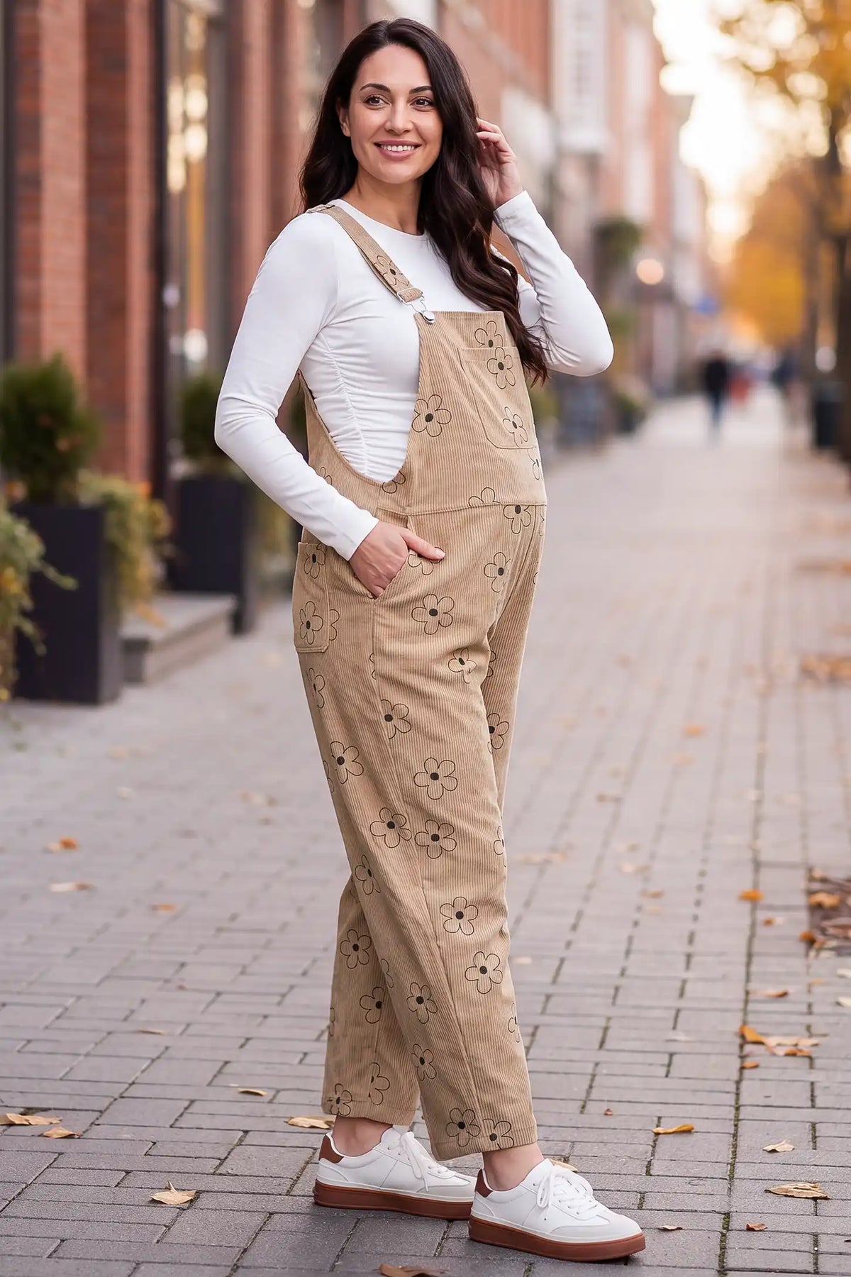 Floral Corduroy Maternity Overalls with Adjustable Straps and Pockets