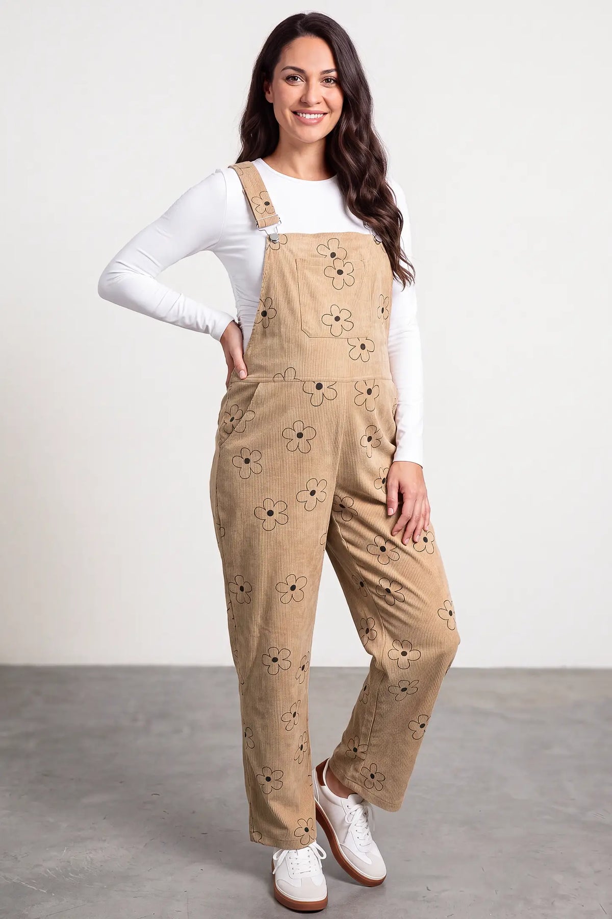 Floral Corduroy Maternity Overalls with Adjustable Straps and Pockets