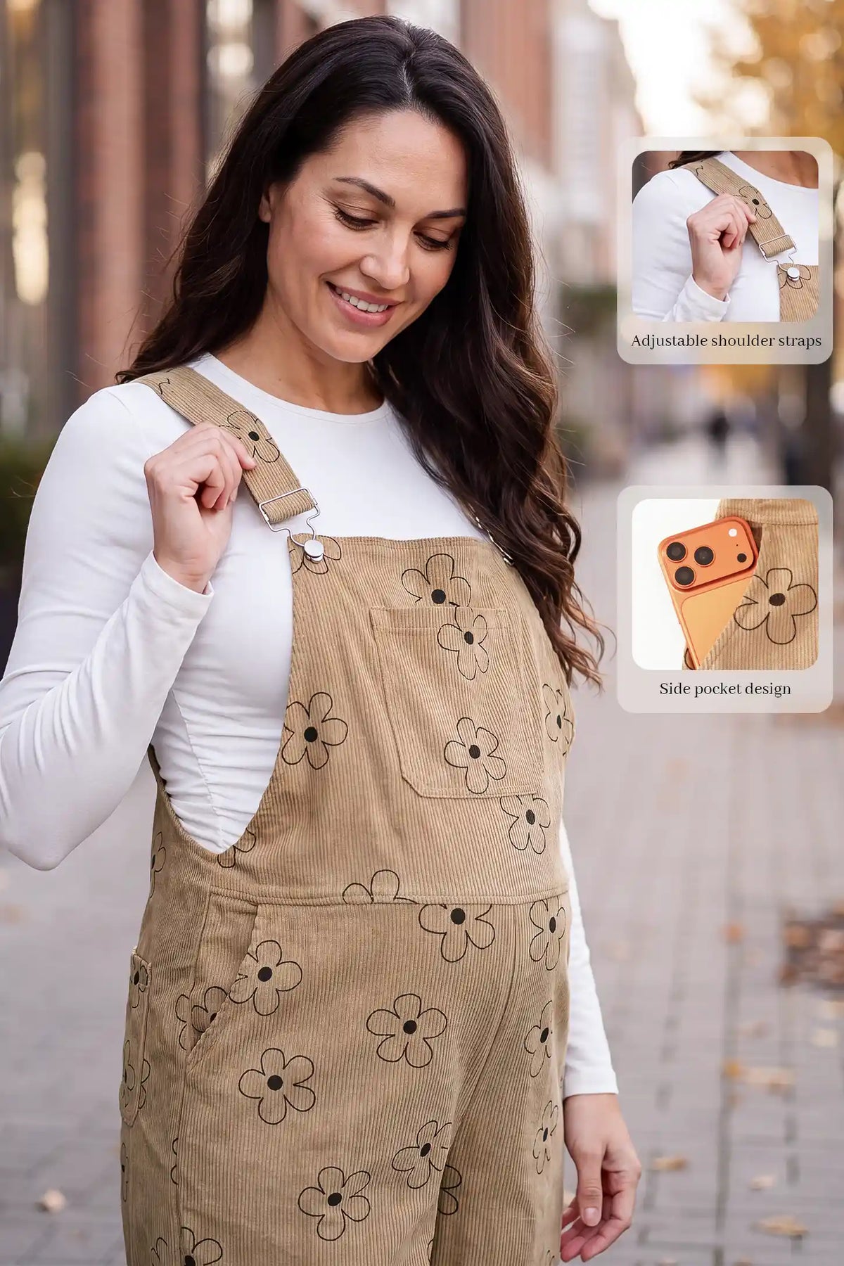 Floral Corduroy Maternity Overalls with Adjustable Straps and Pockets