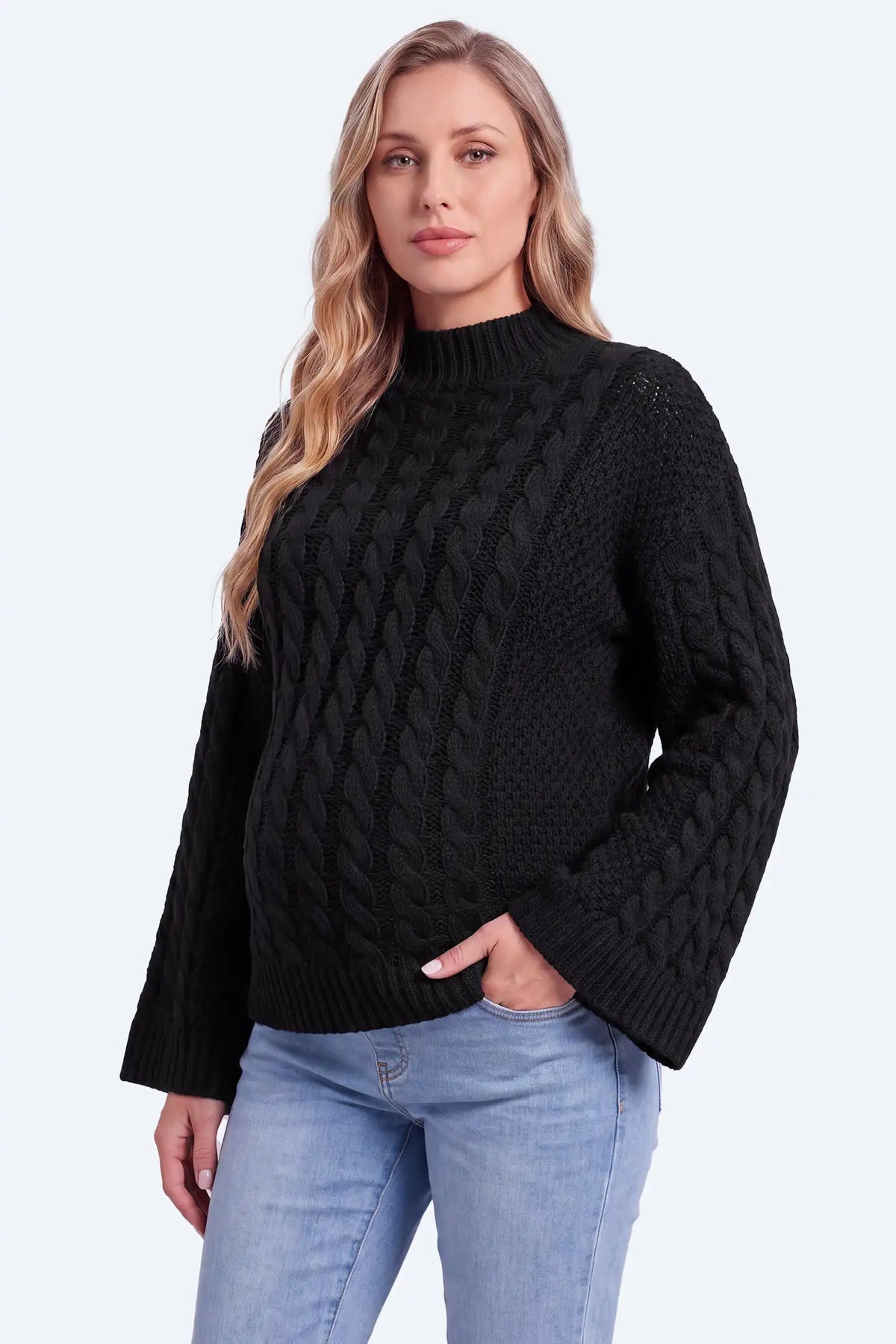 Maternity Cable Knit Mock Neck Sweater