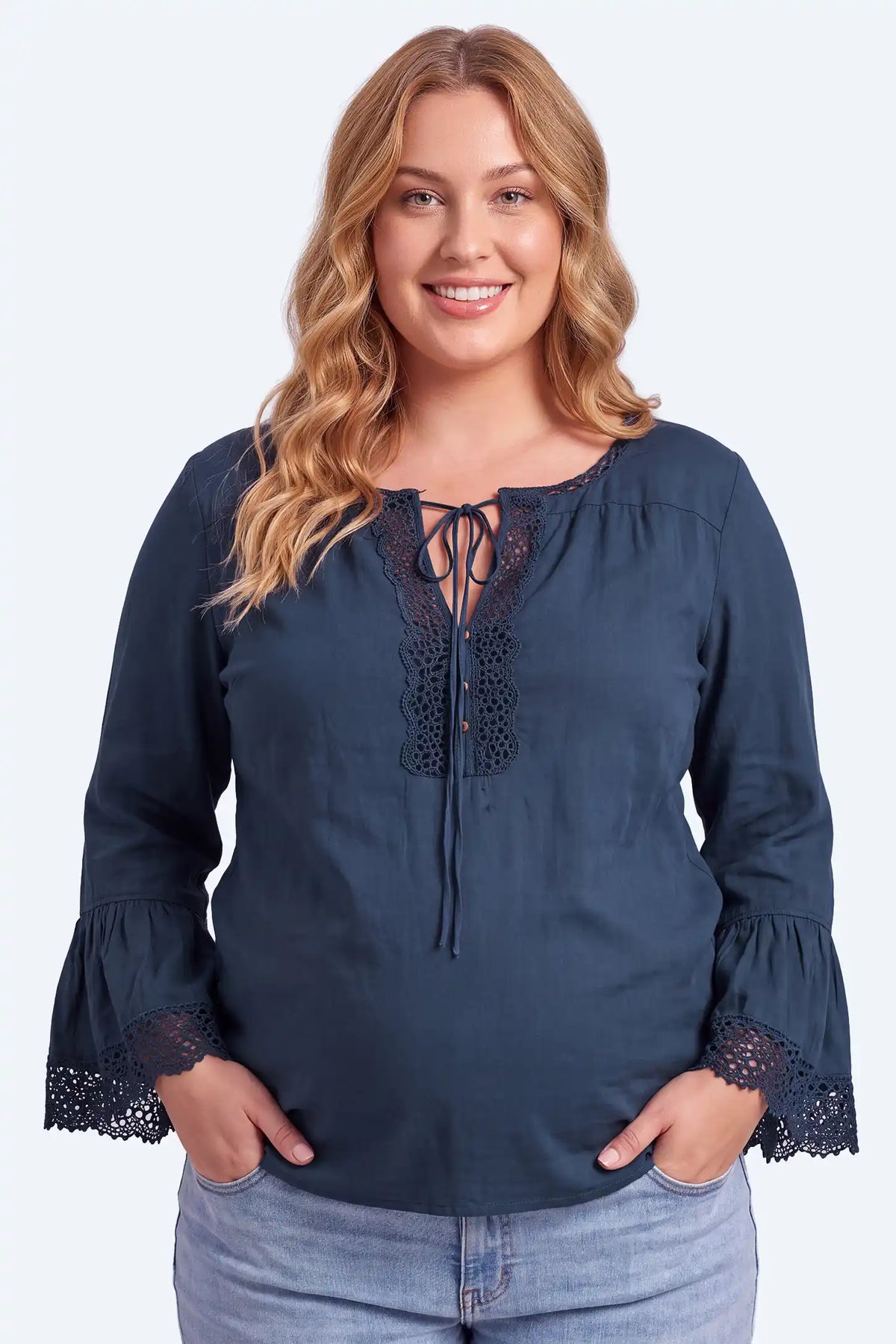 Maternity Lace Trim Tie-Neck Bell Sleeve Blouse