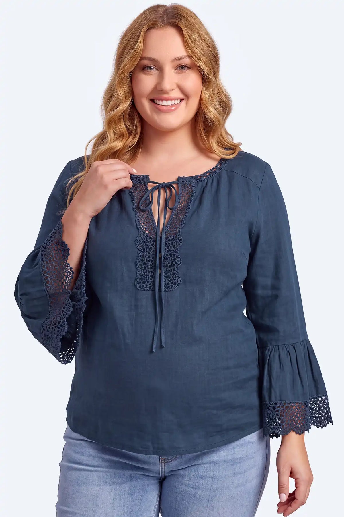 Maternity Lace Trim Tie-Neck Bell Sleeve Blouse