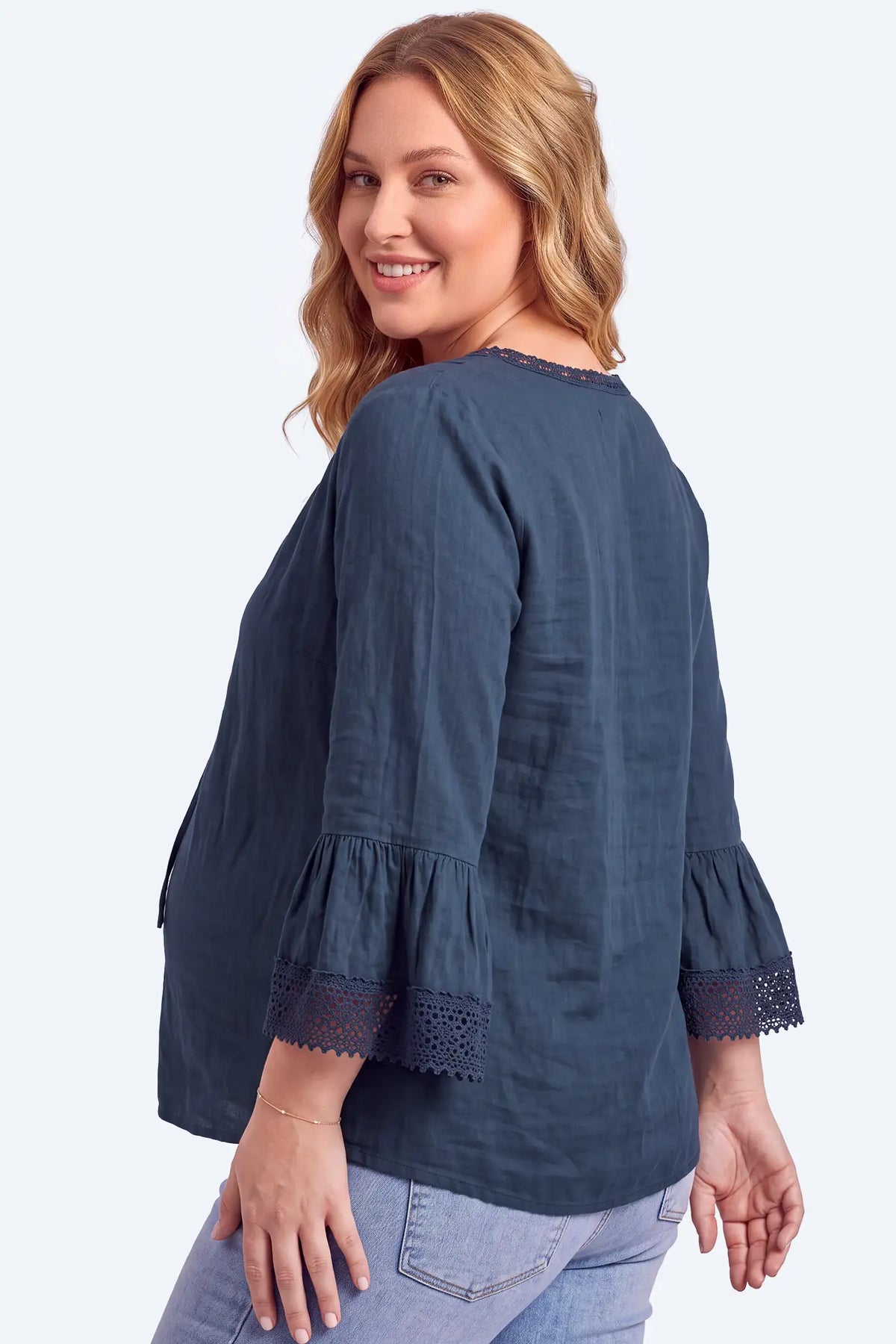 Maternity Lace Trim Tie-Neck Bell Sleeve Blouse