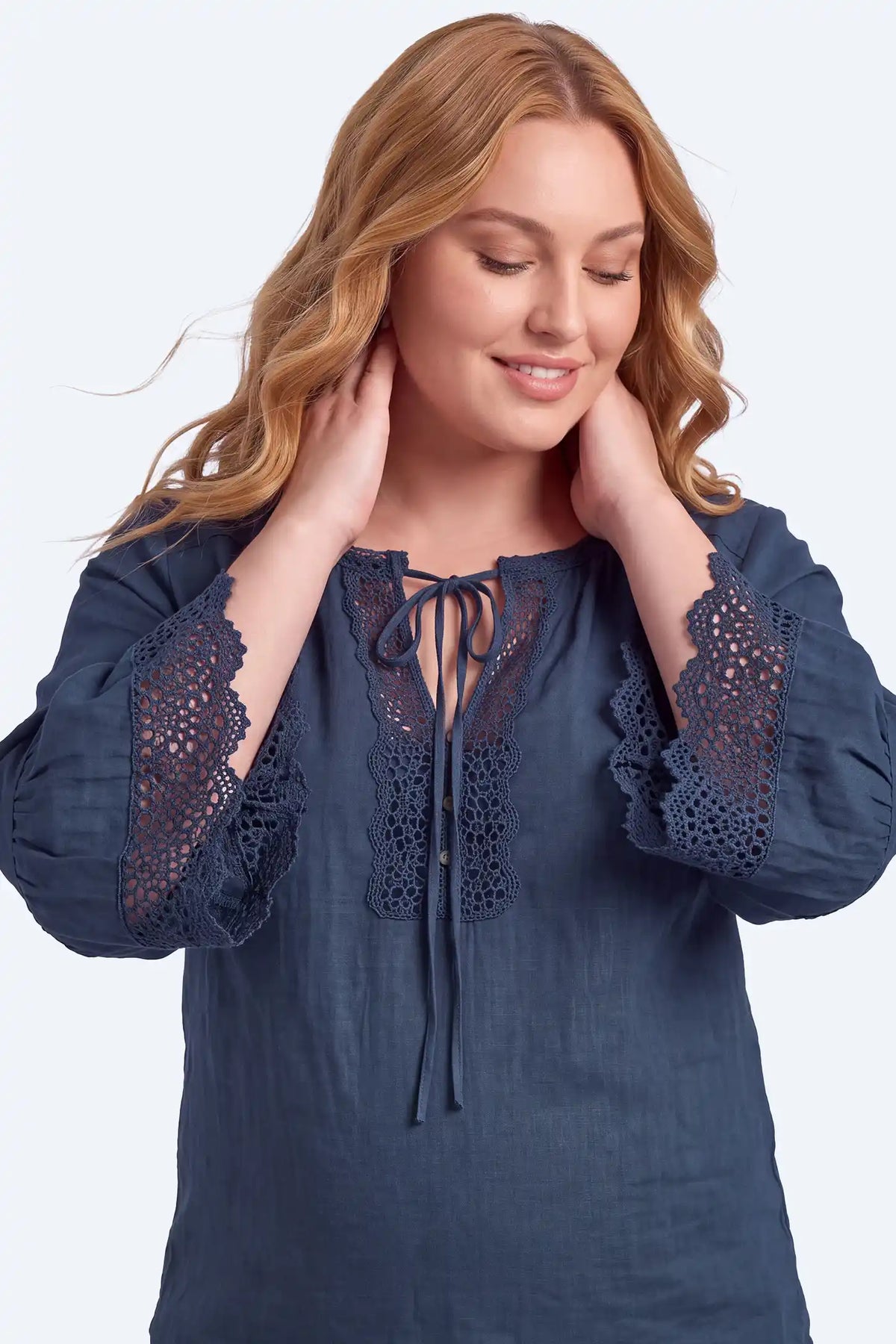 Maternity Lace Trim Tie-Neck Bell Sleeve Blouse
