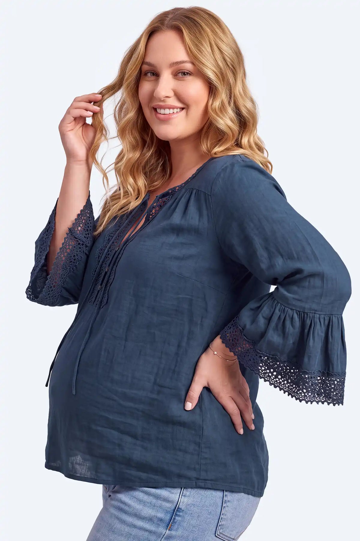Maternity Lace Trim Tie-Neck Bell Sleeve Blouse