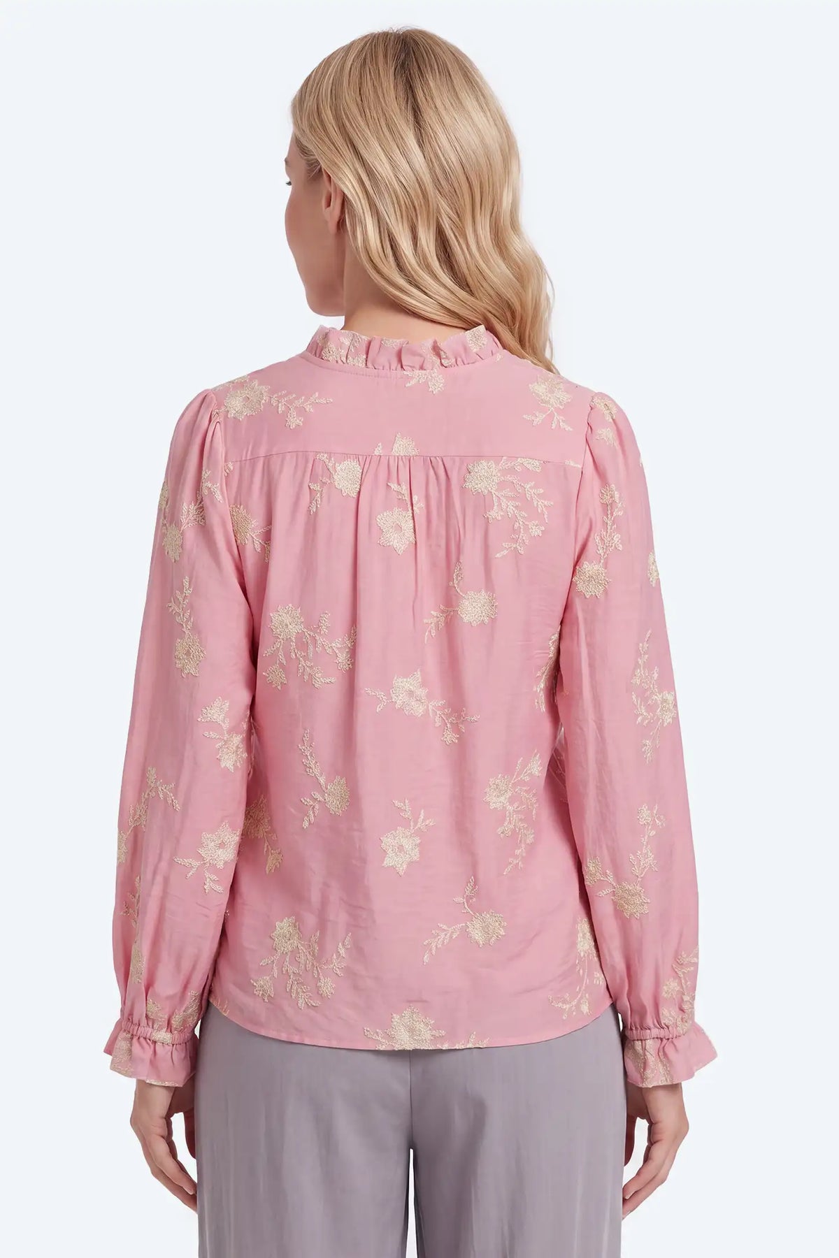 Maternity Floral Embroidered Ruffle Collar Button-Front Blouse