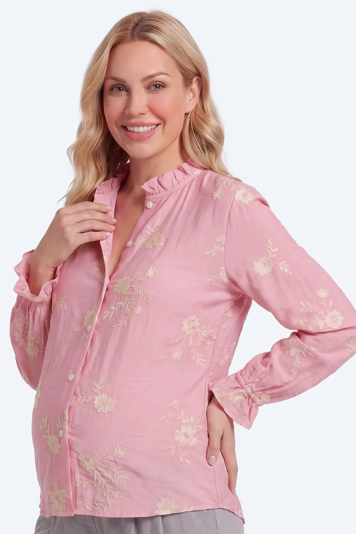 Maternity Floral Embroidered Ruffle Collar Button-Front Blouse