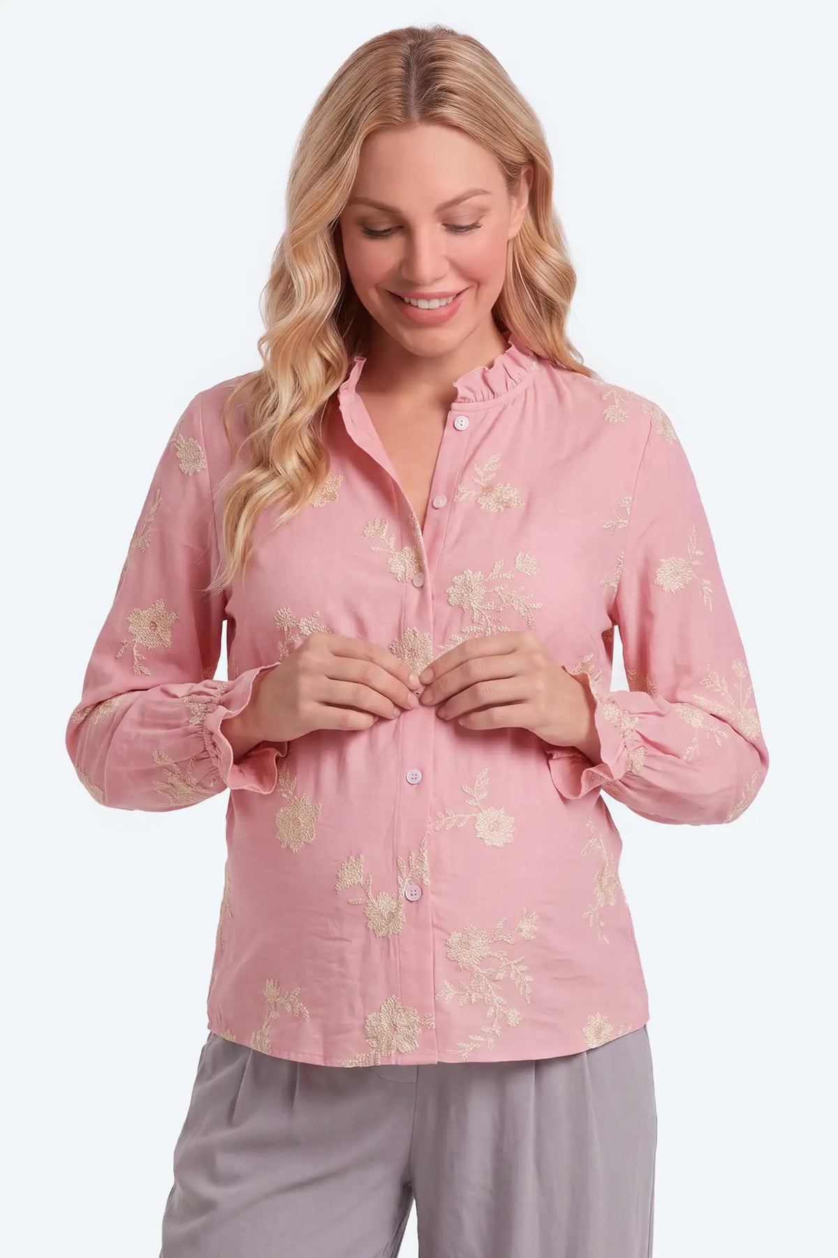 Maternity Floral Embroidered Ruffle Collar Button-Front Blouse