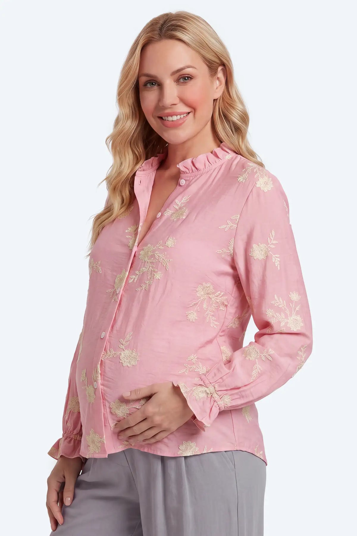 Maternity Floral Embroidered Ruffle Collar Button-Front Blouse