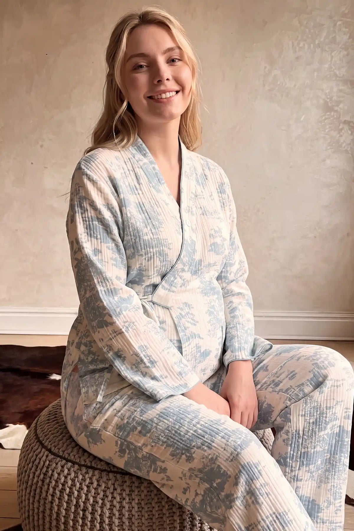 Cotton Gauze Kimono Maternity Pajama Set