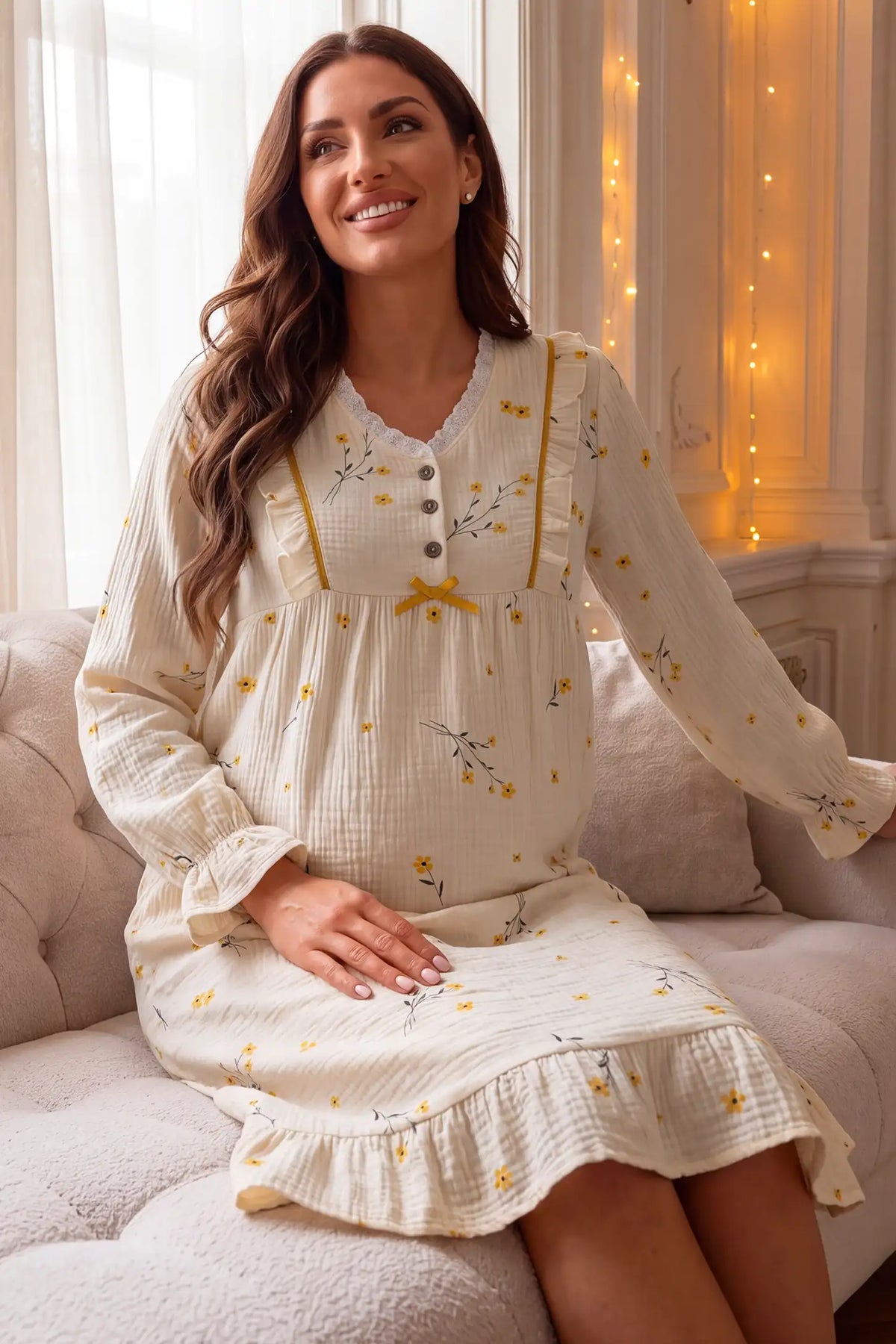 Cotton Gauze Ruffle Maternity Nightgown