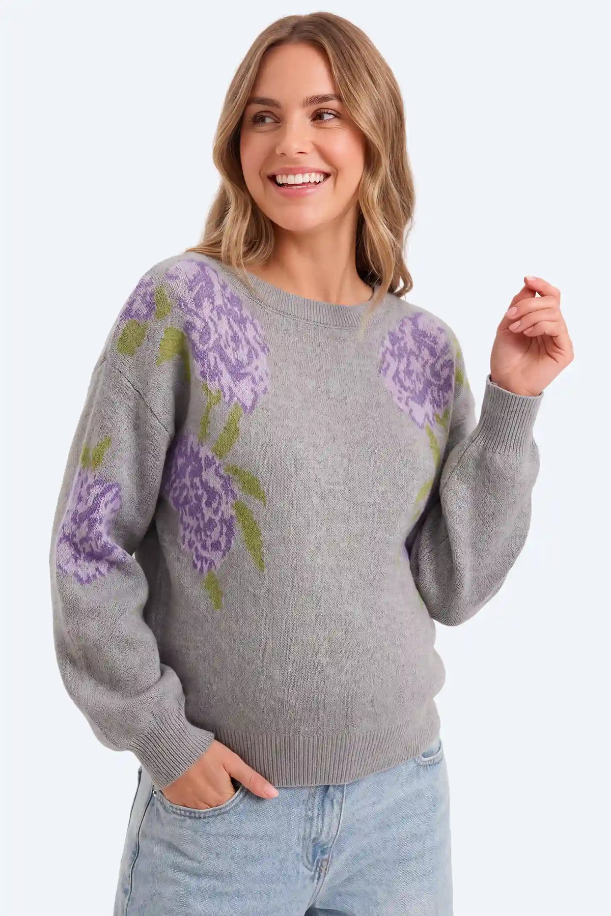 Floral Jacquard Knit Crewneck Sweater
