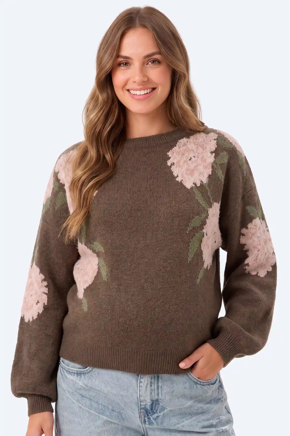 Floral Jacquard Knit Crewneck Sweater