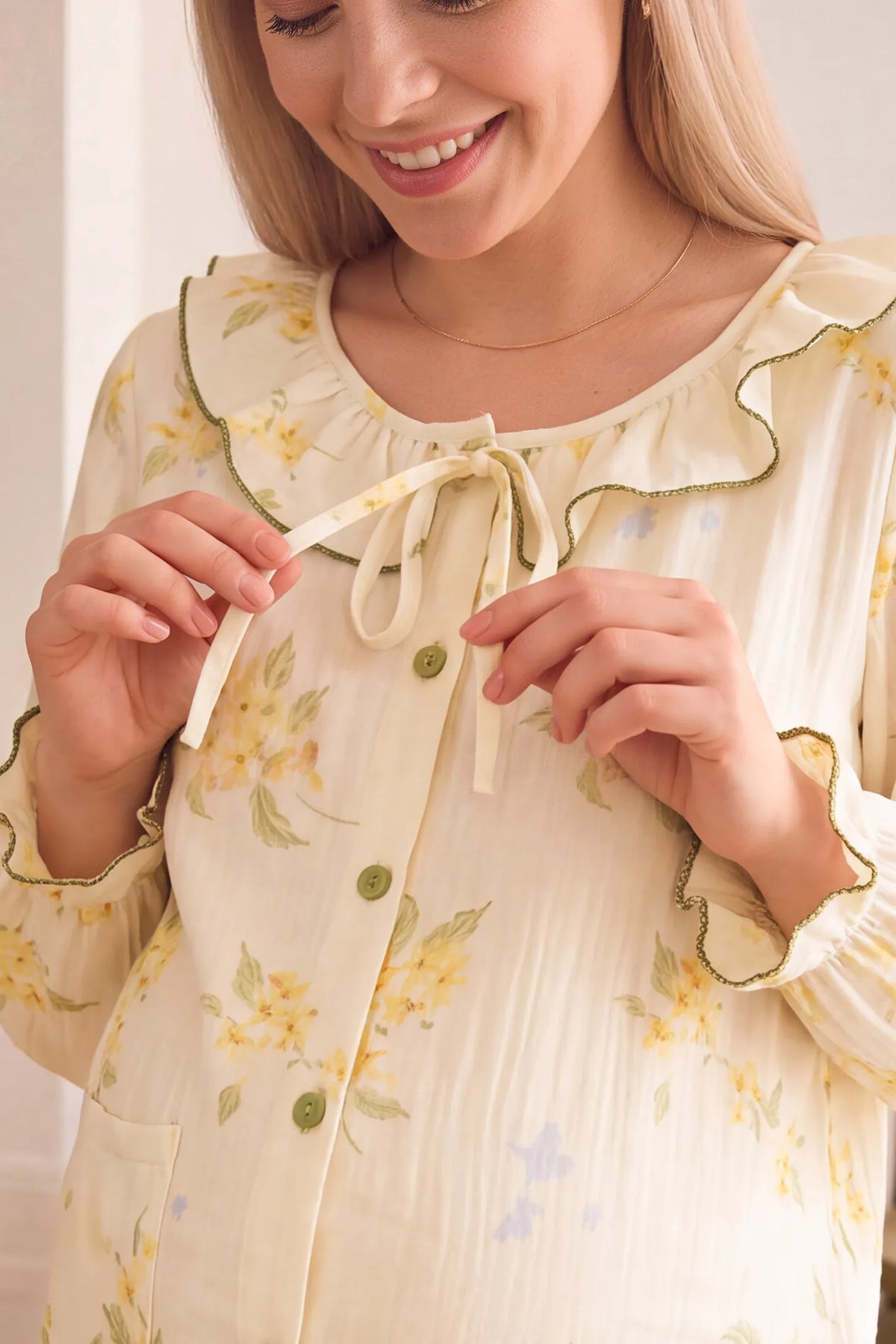 Ruffle-Trim Cotton Maternity Pajama Set