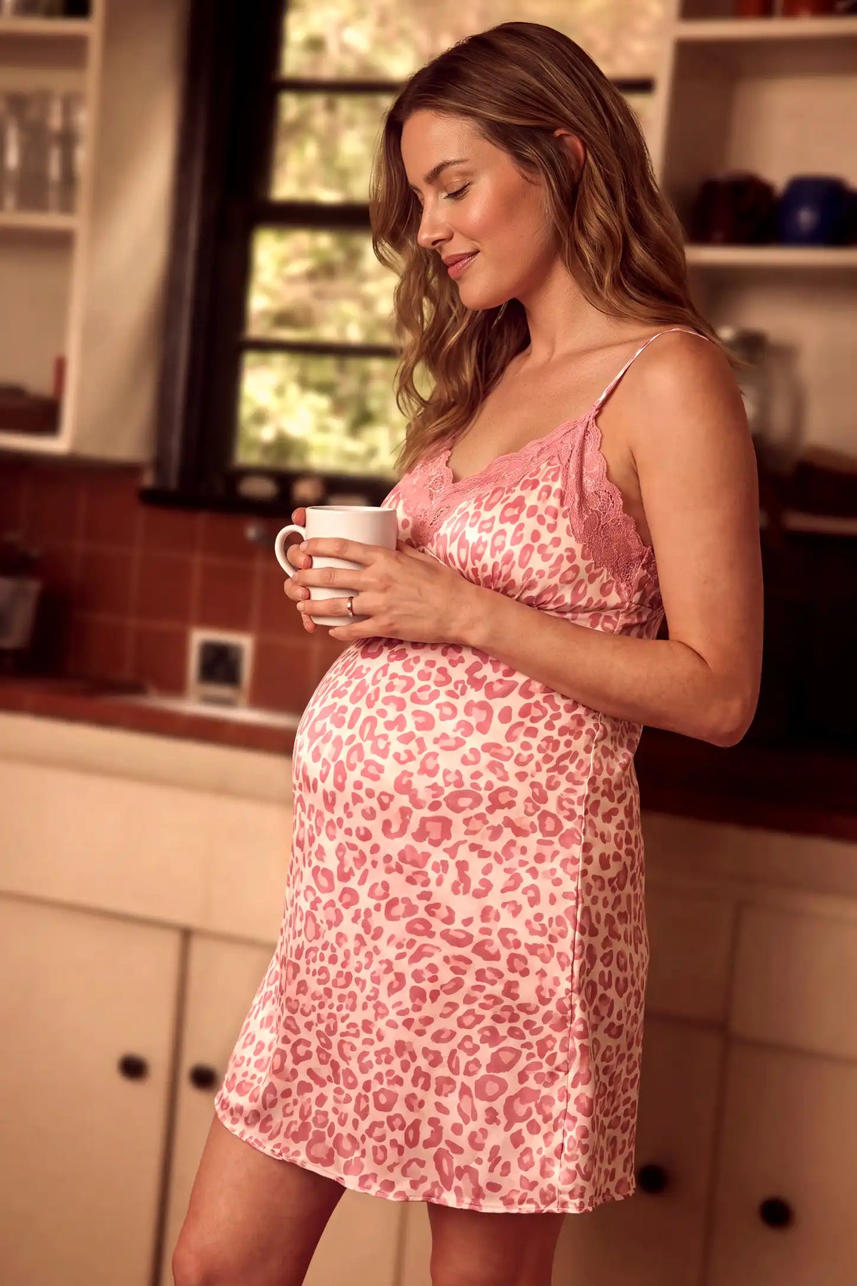 Pink Leopard Lace-Trim Maternity Slip Dress