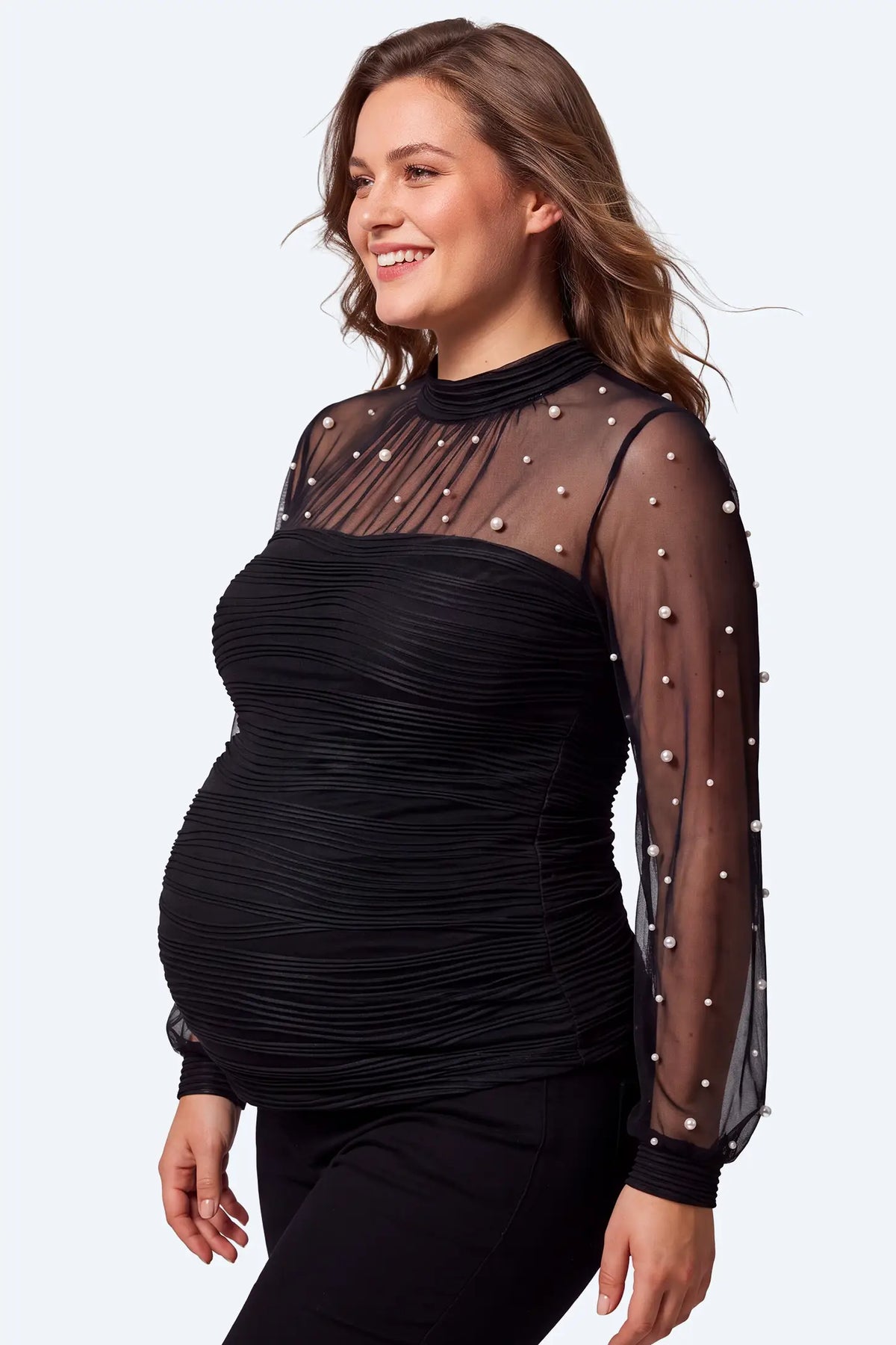 Pearl-Embellished Sheer Mesh Maternity Top