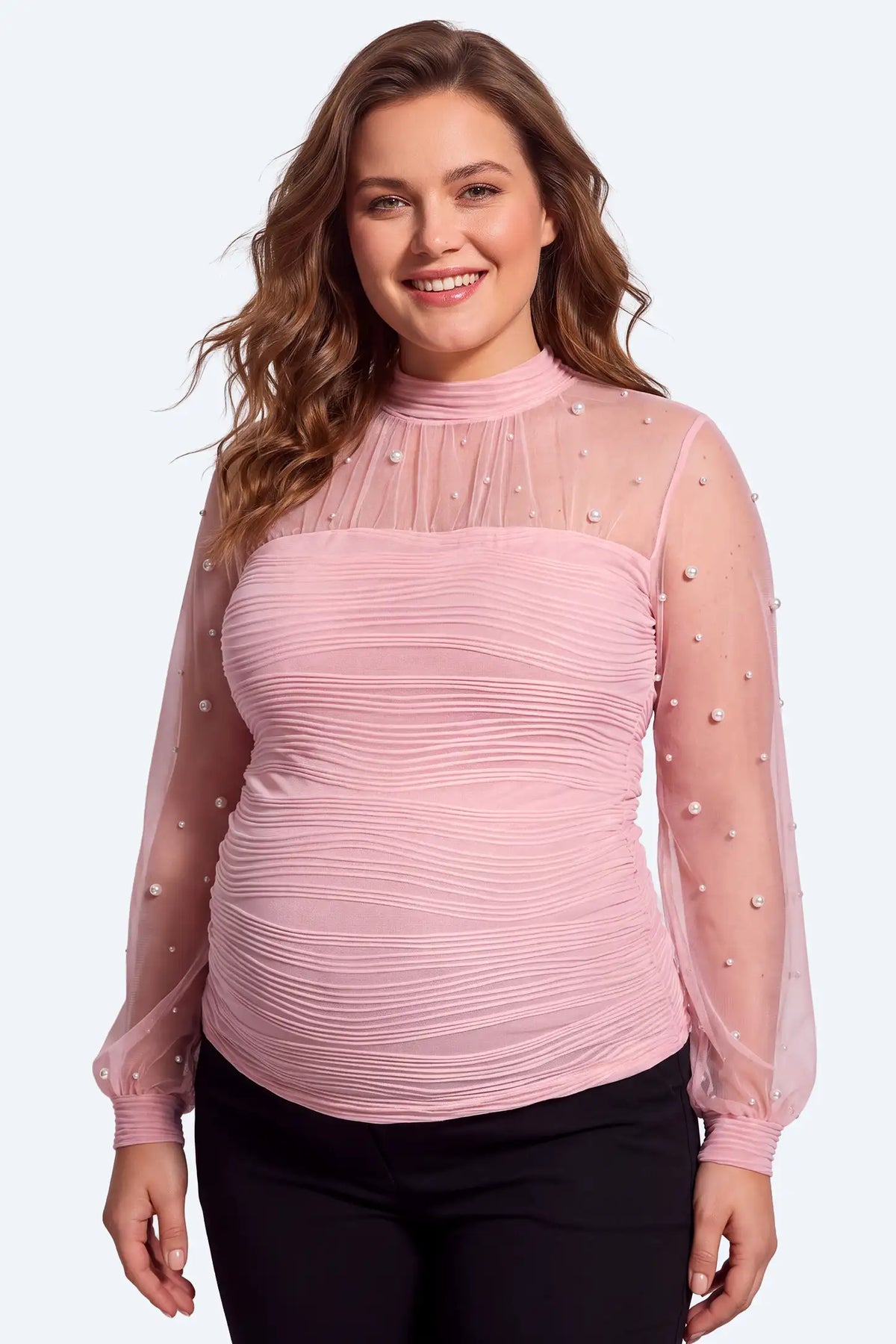 Pearl-Embellished Sheer Mesh Maternity Top