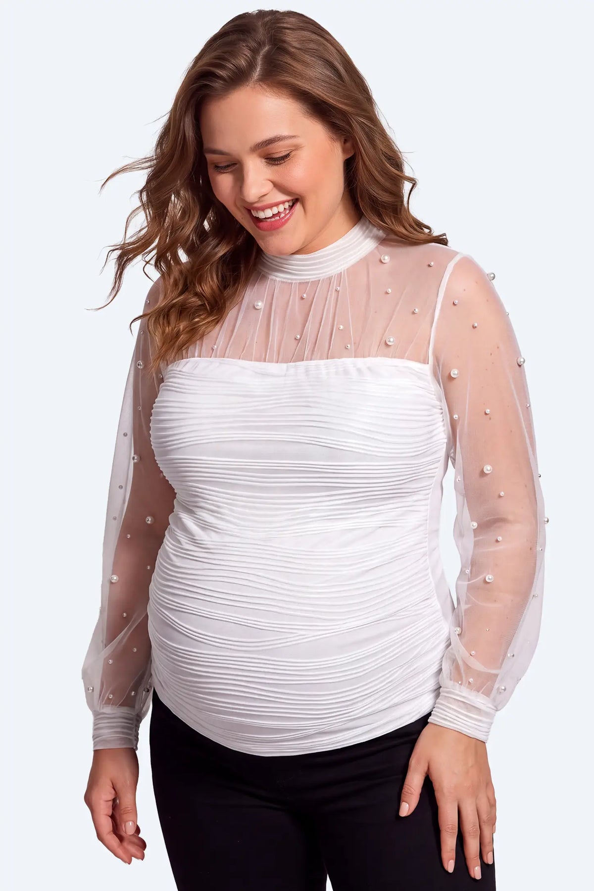 Pearl-Embellished Sheer Mesh Maternity Top