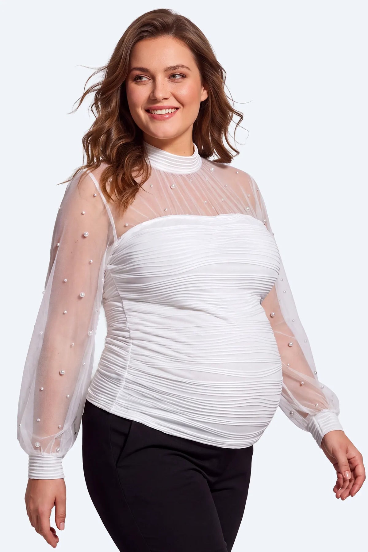 Pearl-Embellished Sheer Mesh Maternity Top