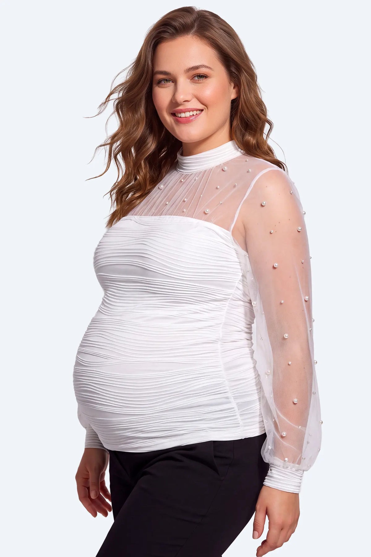 Pearl-Embellished Sheer Mesh Maternity Top