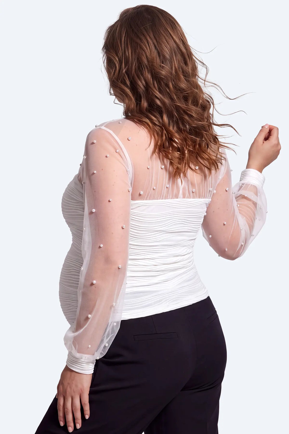 Pearl-Embellished Sheer Mesh Maternity Top
