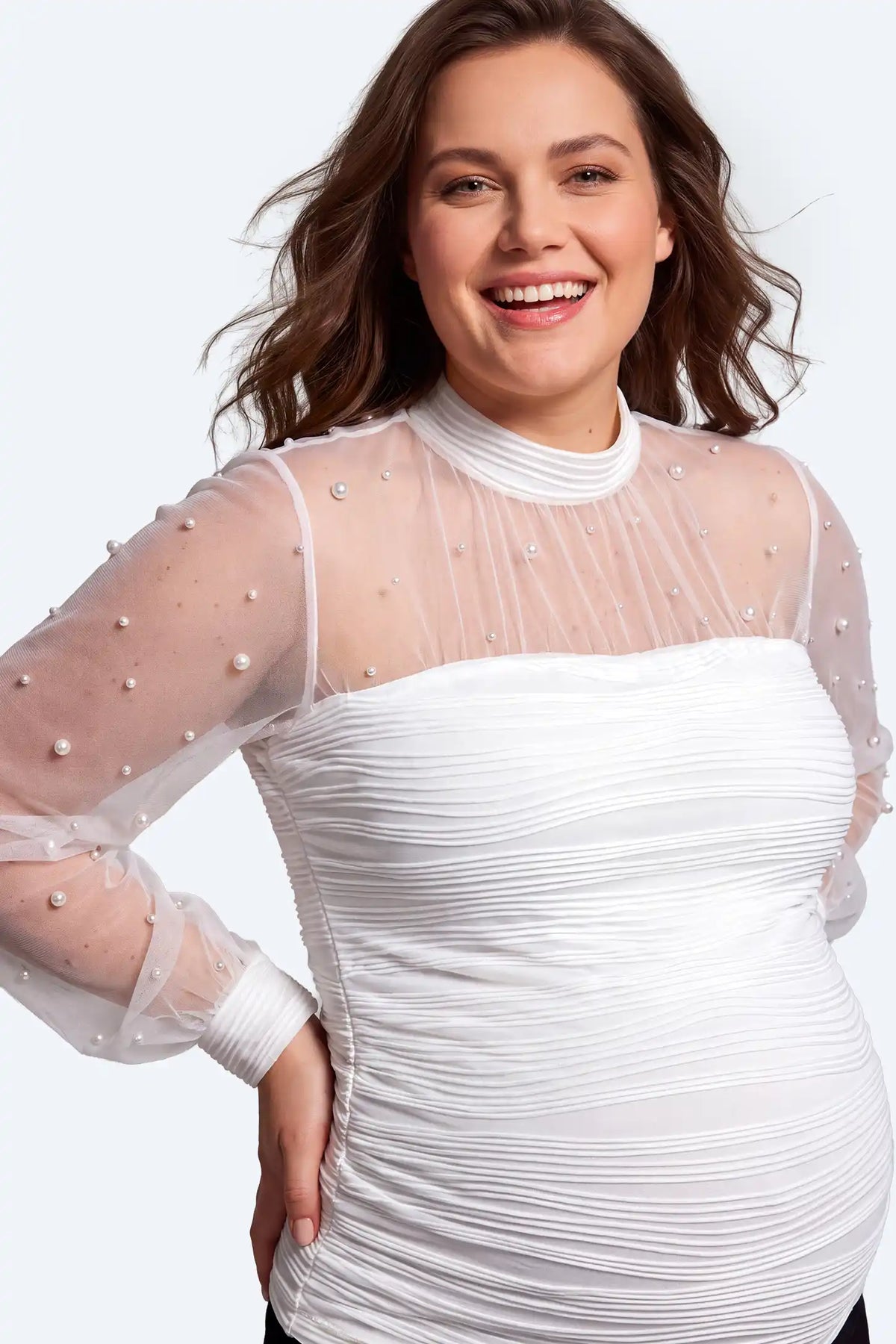 Pearl-Embellished Sheer Mesh Maternity Top