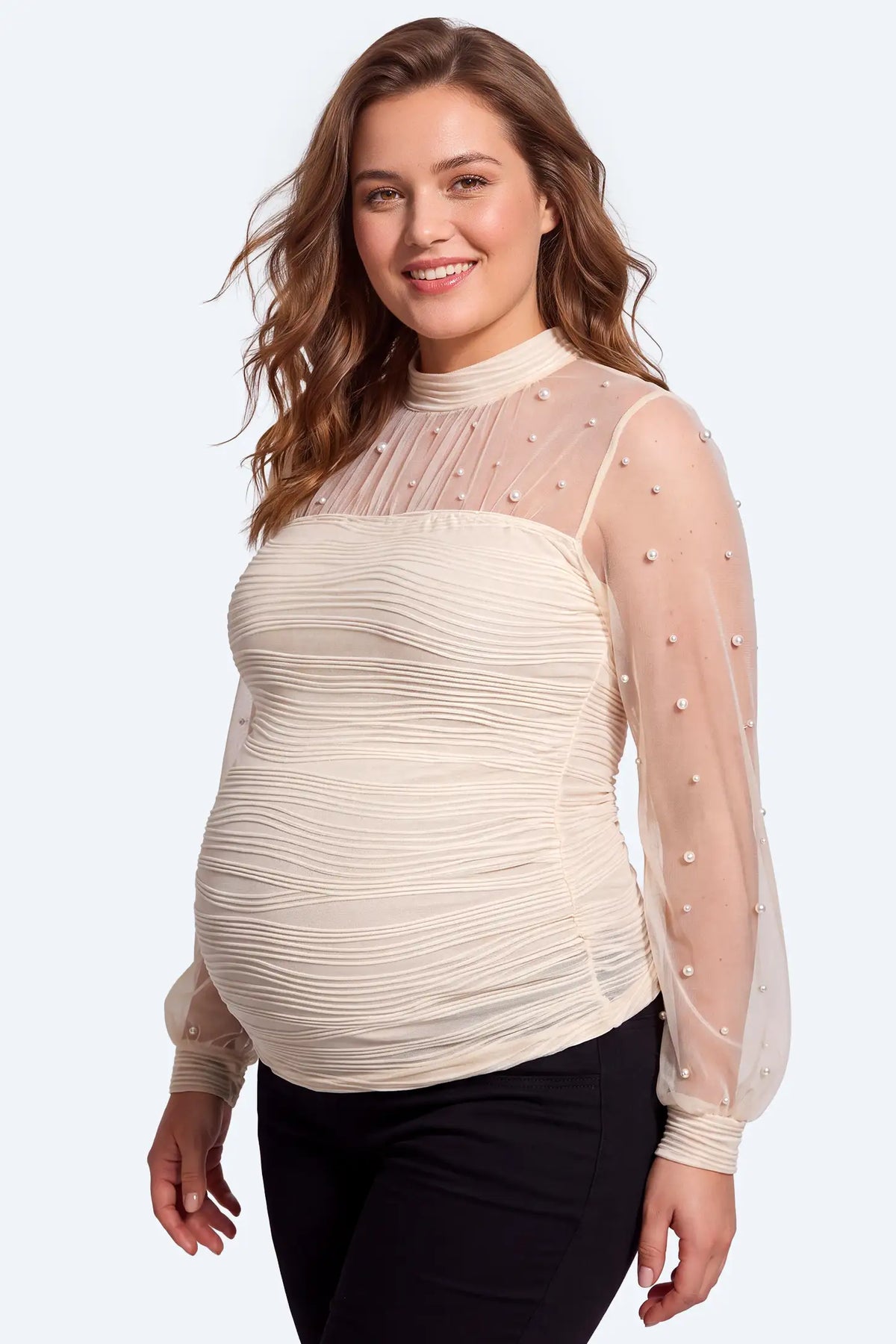 Pearl-Embellished Sheer Mesh Maternity Top
