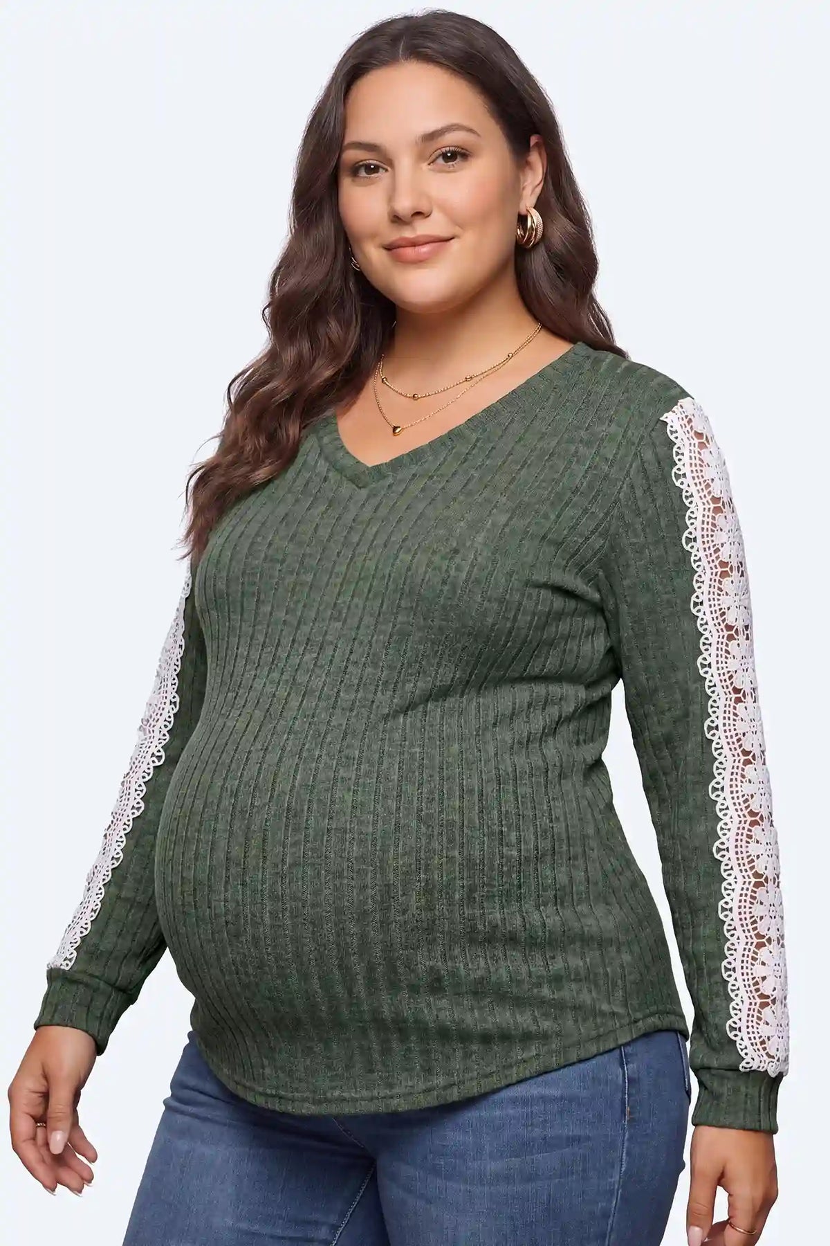 Lace Sleeve V-Neck Ribbed Maternity Top