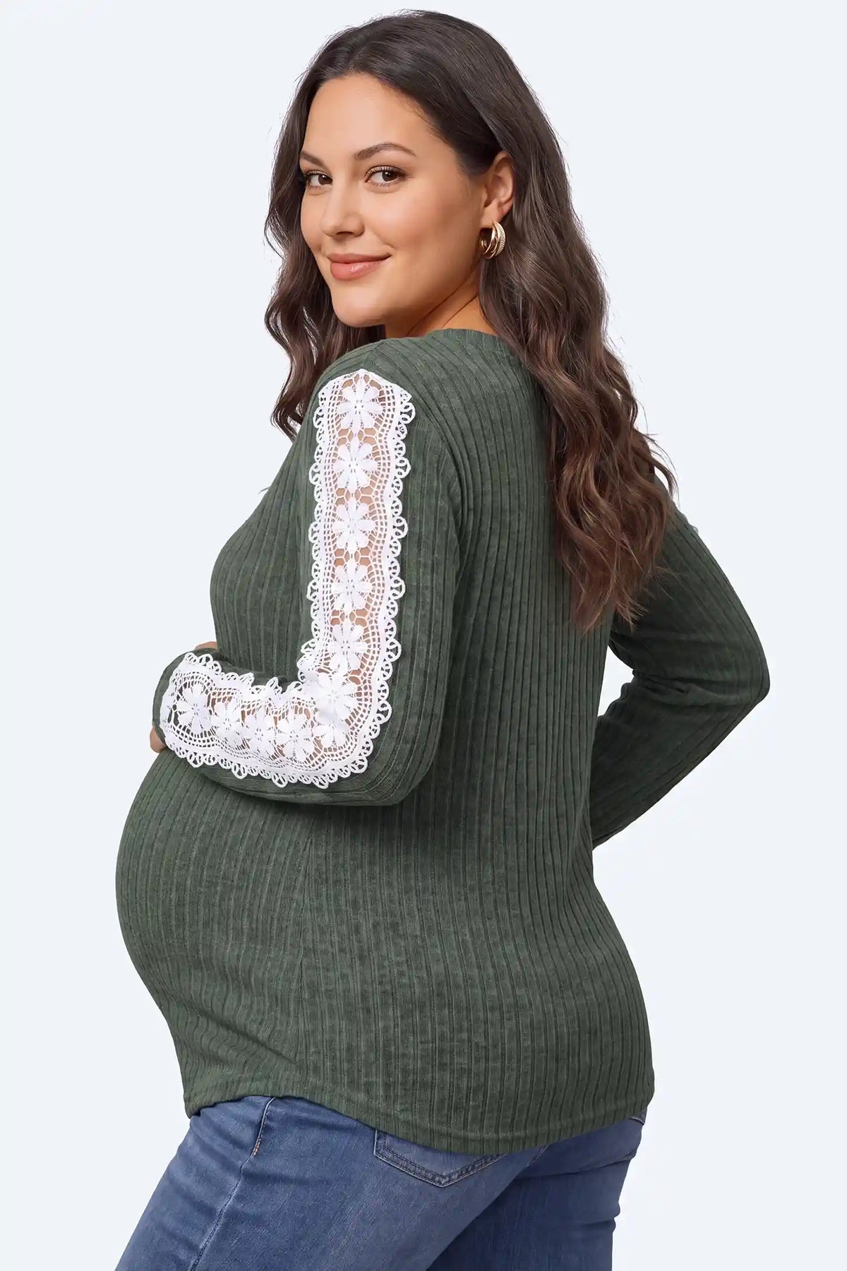 Lace Sleeve V-Neck Ribbed Maternity Top