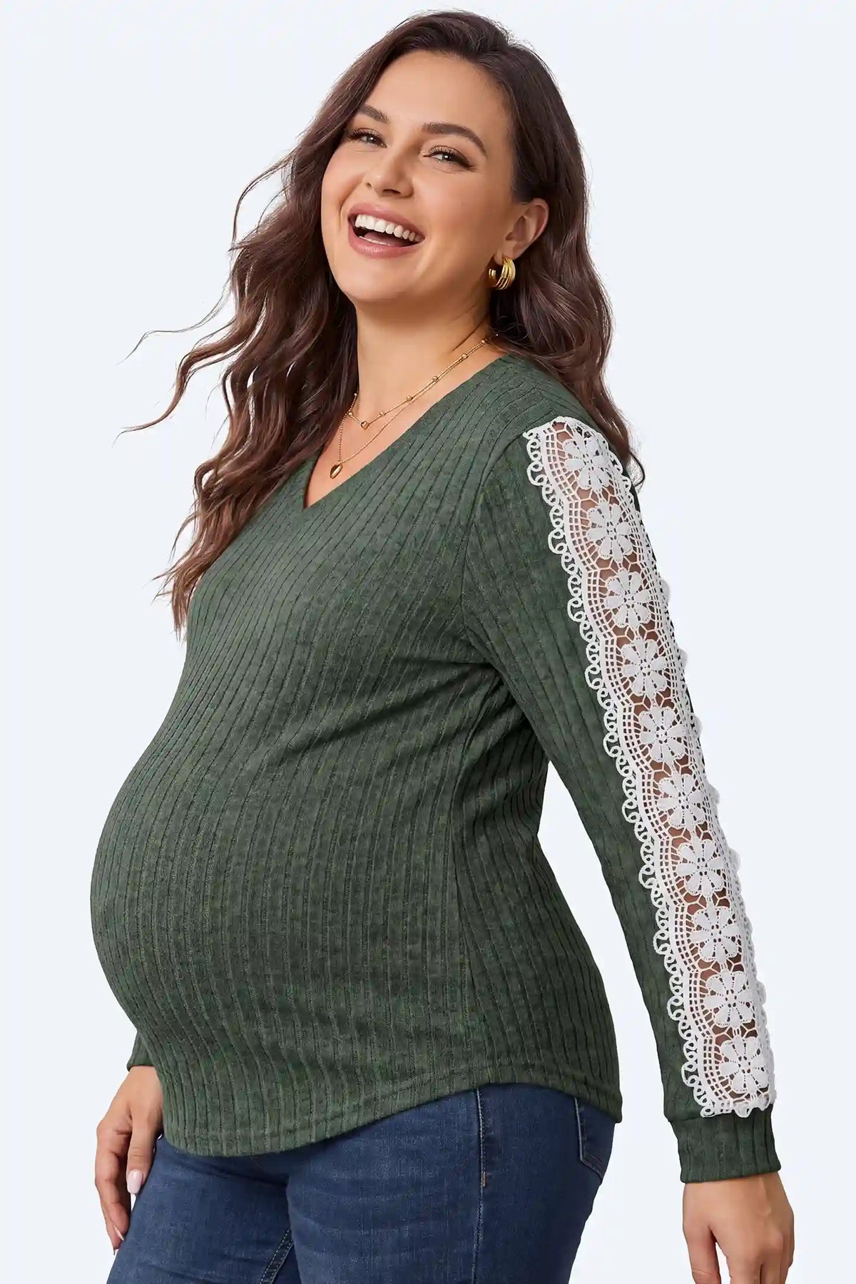 Lace Sleeve V-Neck Ribbed Maternity Top