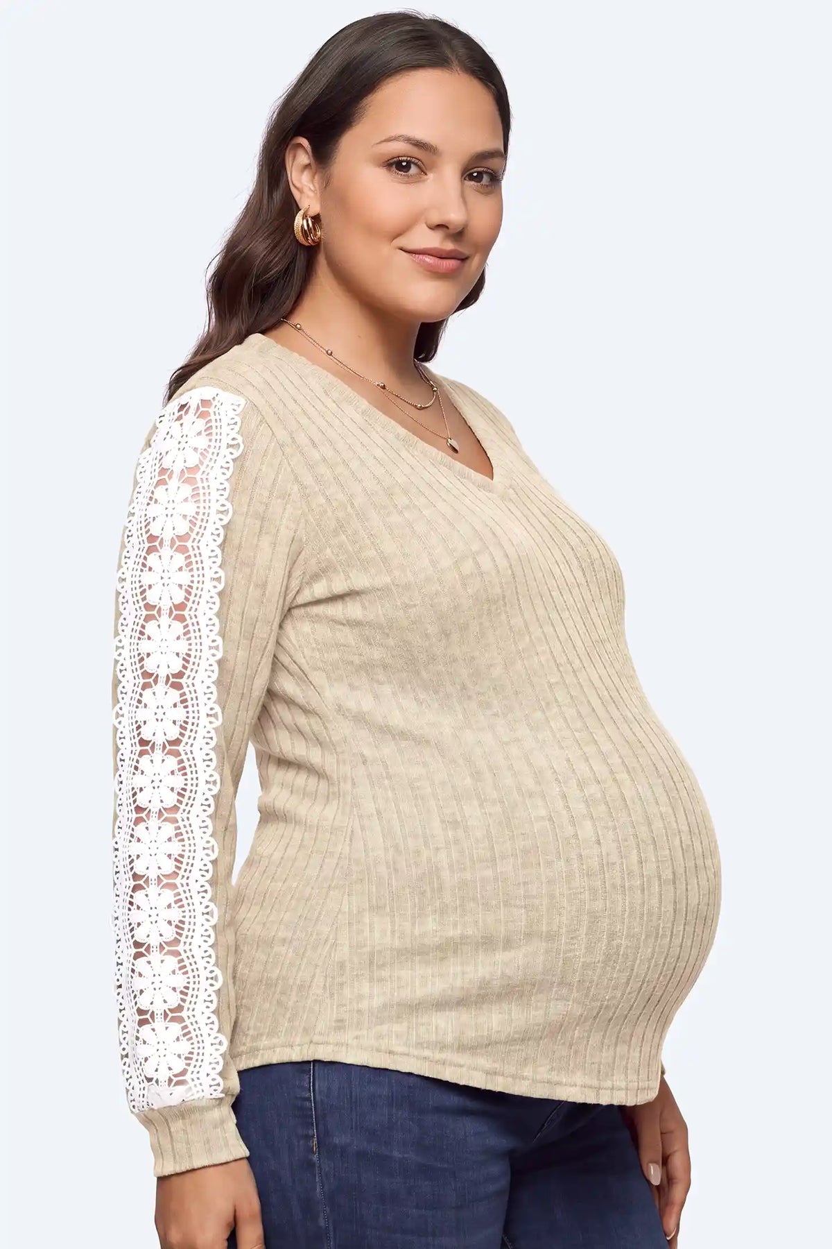 Lace Sleeve V-Neck Ribbed Maternity Top