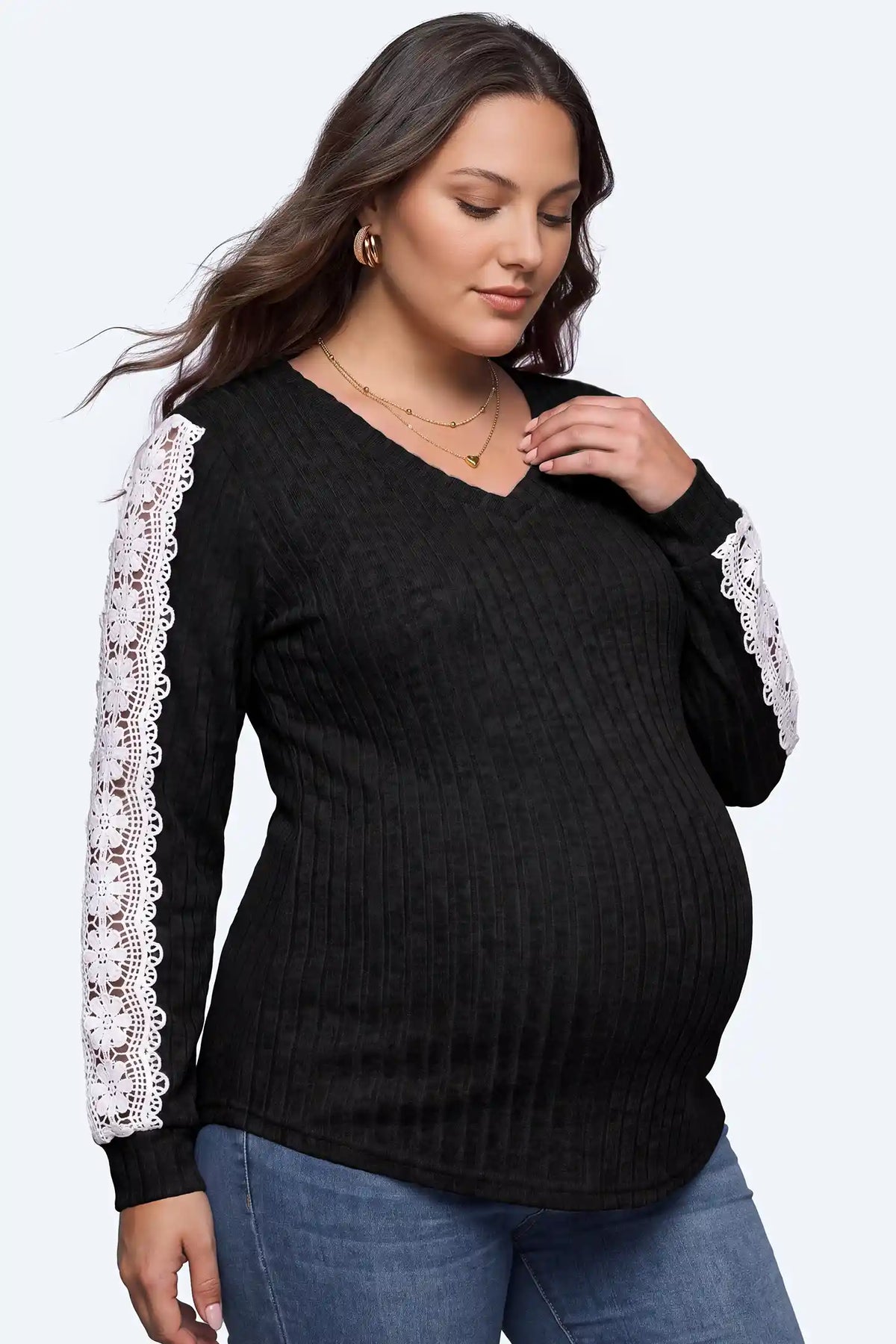 Lace Sleeve V-Neck Ribbed Maternity Top